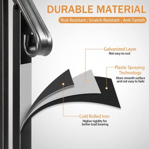 DURABLE MATERIAL  
Rust-Resistant; Scratch-Resistant; Anti-Tarnish  
Galvanized Layer  
Not easy to rust  
Plastic Spraying Technology  
More smooth surface and not easy to fade  
Cold Rolled Iron  
Higher rigidity for better load bearing