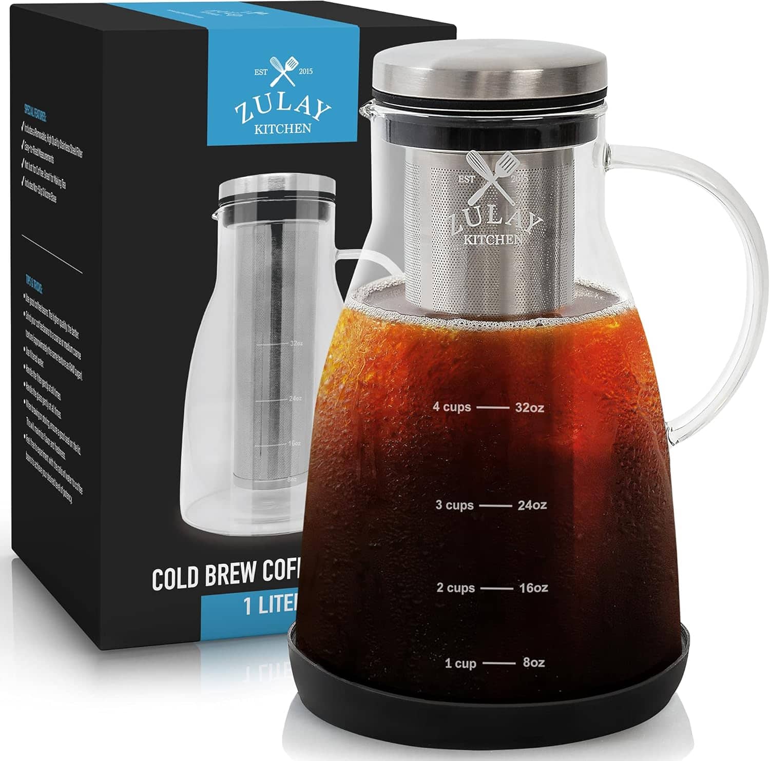 Zulay Kitchen - Airtight Cold Brew Coffee Maker with Glass Carafe, Stainless Steel Mesh Filter and Non-Slip Silicone Base - Silver