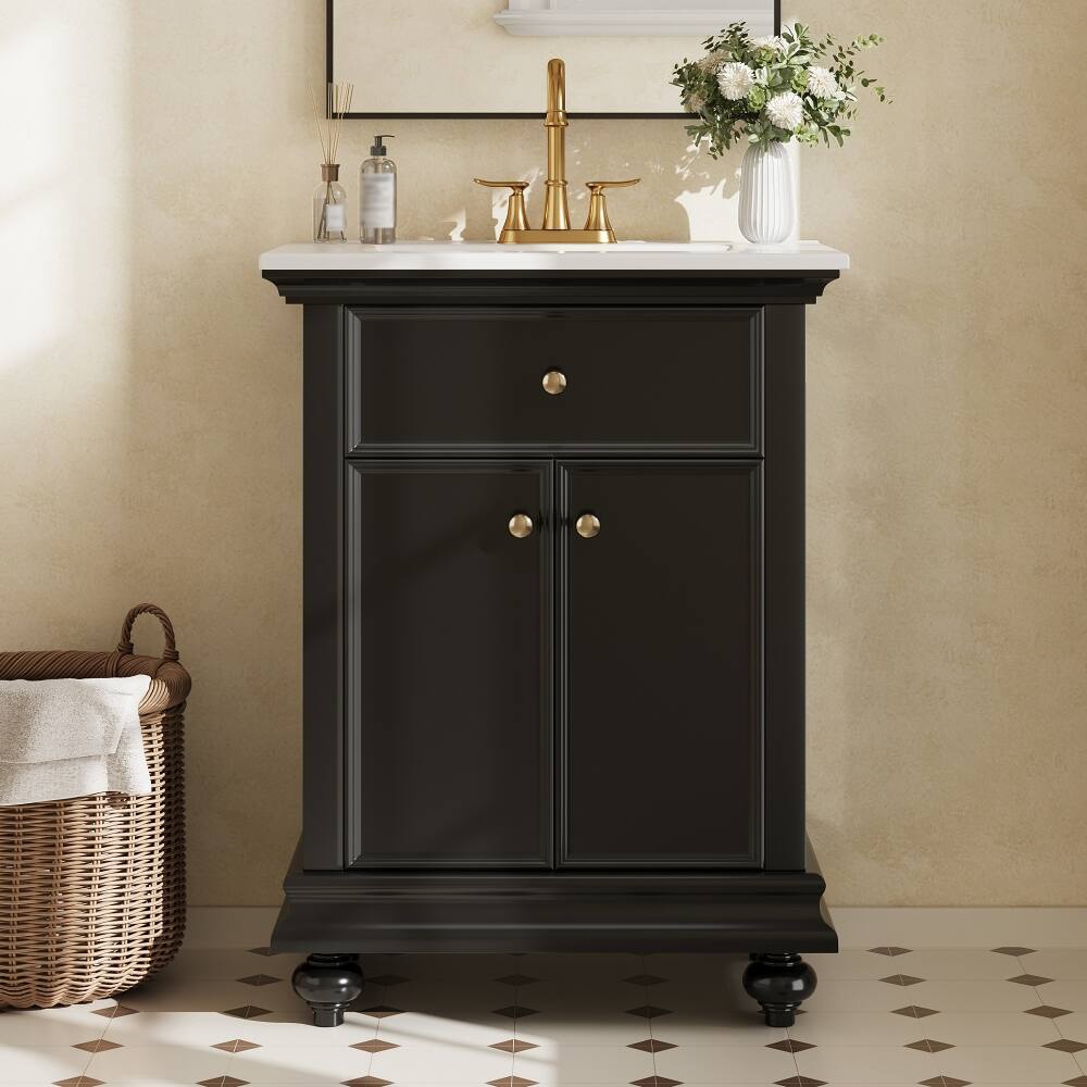 Left. Loheer - Loheer 24 inch black bathroom vanity with Ceramic Sink, Modern Bathroom Vanity with Tip-Out Drawer & Soft Close Hinges - Black.