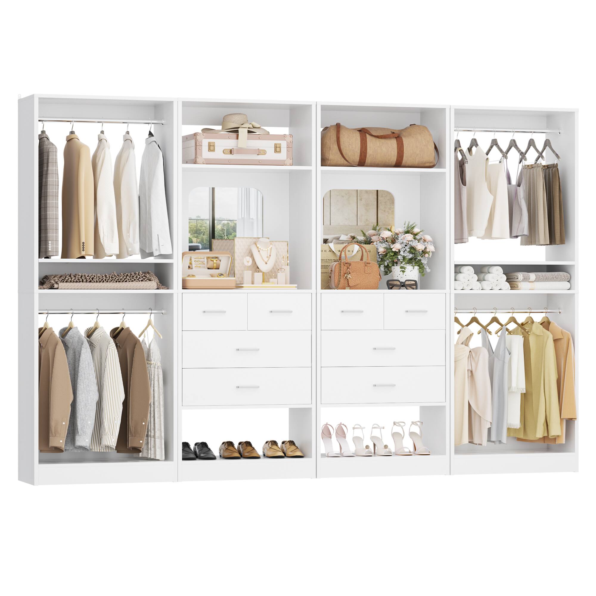 Angle. Aheaplus - 100'' Walk-In Closet Organizer System with 8 Drawers and 4 Hanging Rods for Storage and Organization - White.