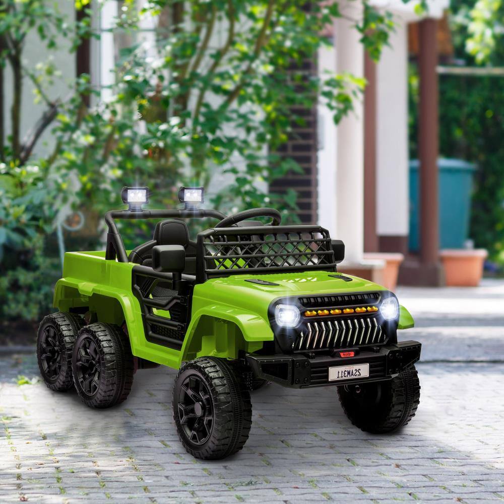 Angle. BreeBe - Qaba 12V 4x4 Kids Ride-On Truck with Trailer, 2WD/4WD, Remote Control, Suspension, Soft Start, Music, LED, Horn - Green.