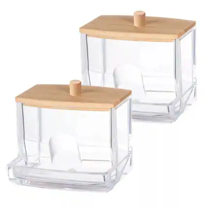 Front. Elle - Clear Cotton Swab Dispenser with Bamboo Lid, Acrylic Qtips Dispenser, Easy-Access, Swab and Ball Holder - 2Pack - Clear/Natural Bamboo.