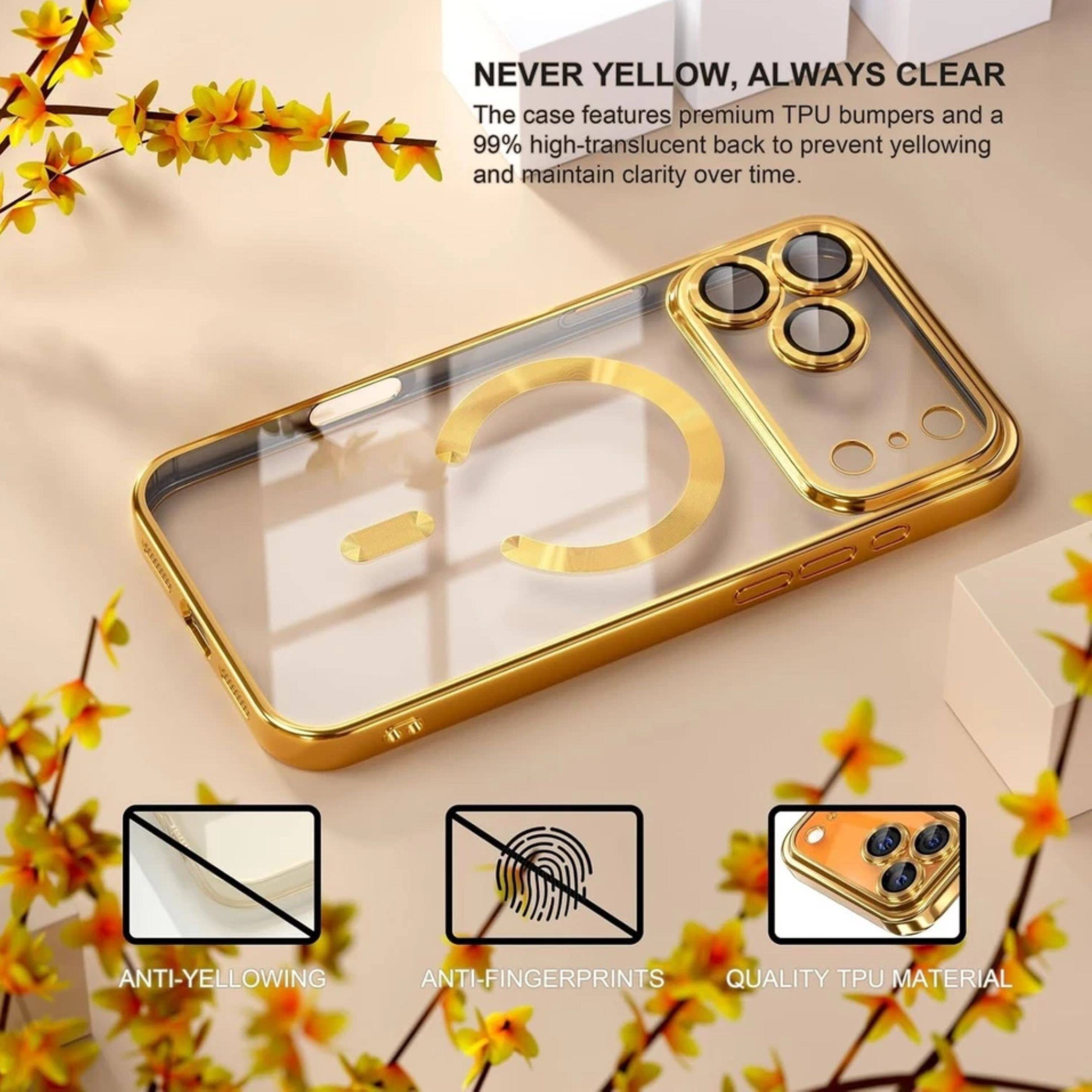 NEVER YELLOW, ALWAYS CLEAR  
The case features premium TPU bumpers and a 99% high-translucent back to prevent yellowing and maintain clarity over time.

ANTI-YELLOWING  
ANTI-FINGERPRINTS  
QUALITY TPU MATERIAL