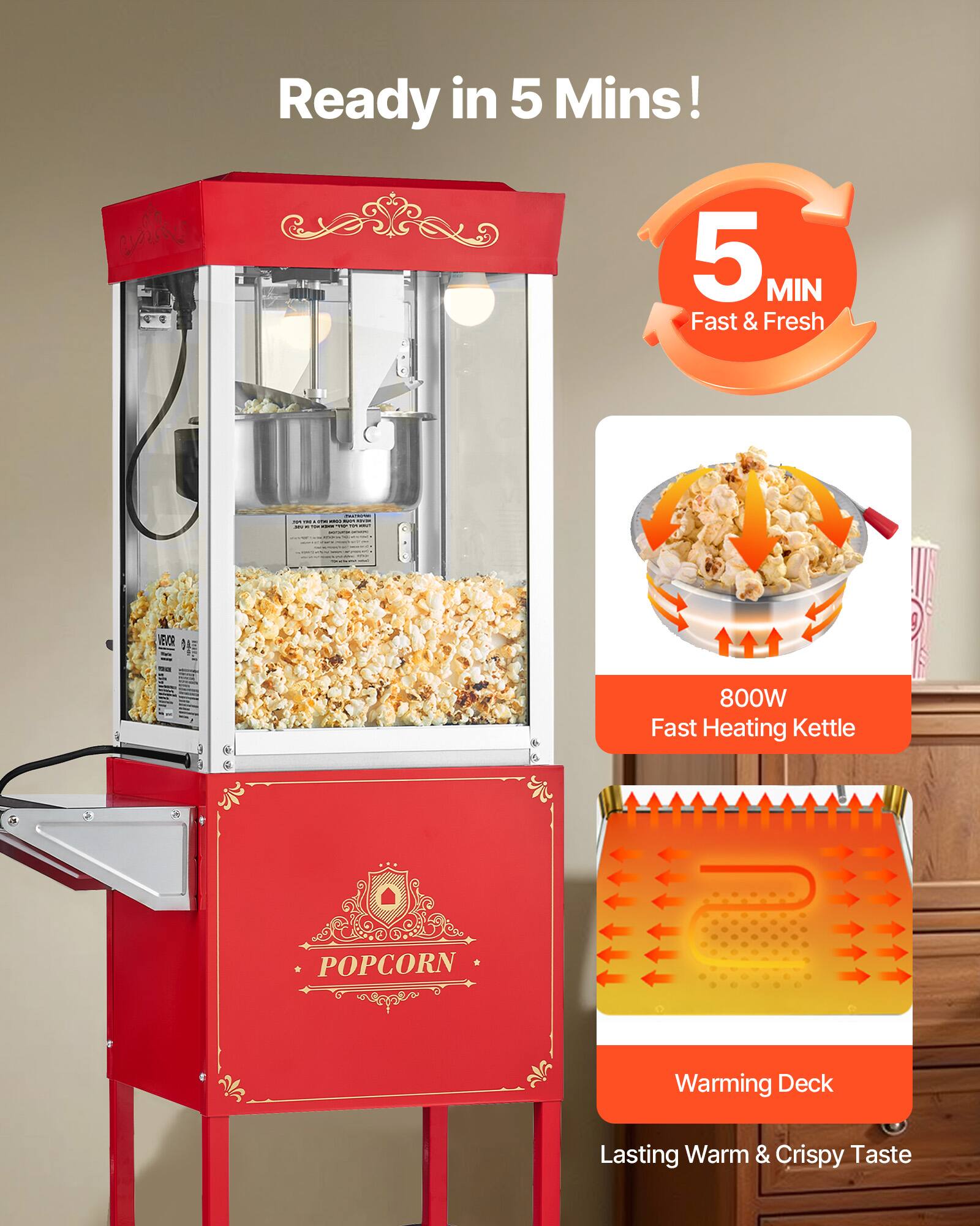 Ready in 5 Mins!  
5 MIN Fast & Fresh  

800W Fast Heating Kettle  
POPCORN  
Warming Deck  
Lasting Warm & Crispy Taste