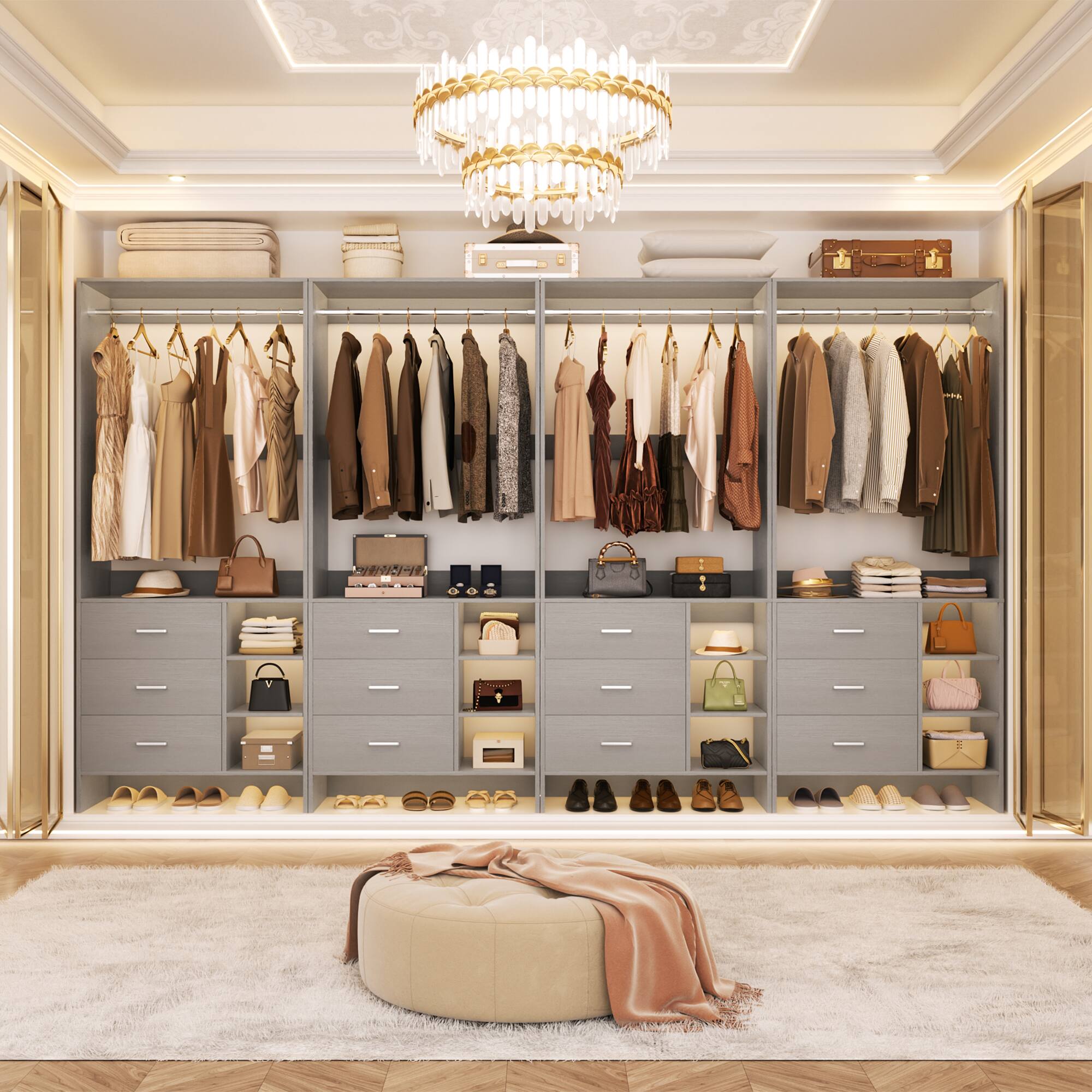 Alt View 5. Aheaplus - 10FT Large Closet System 4-Piece Set with 12 Drawers, 118'' Walk-in Closet Organizer with Hanging Rods for Closet - Gray.