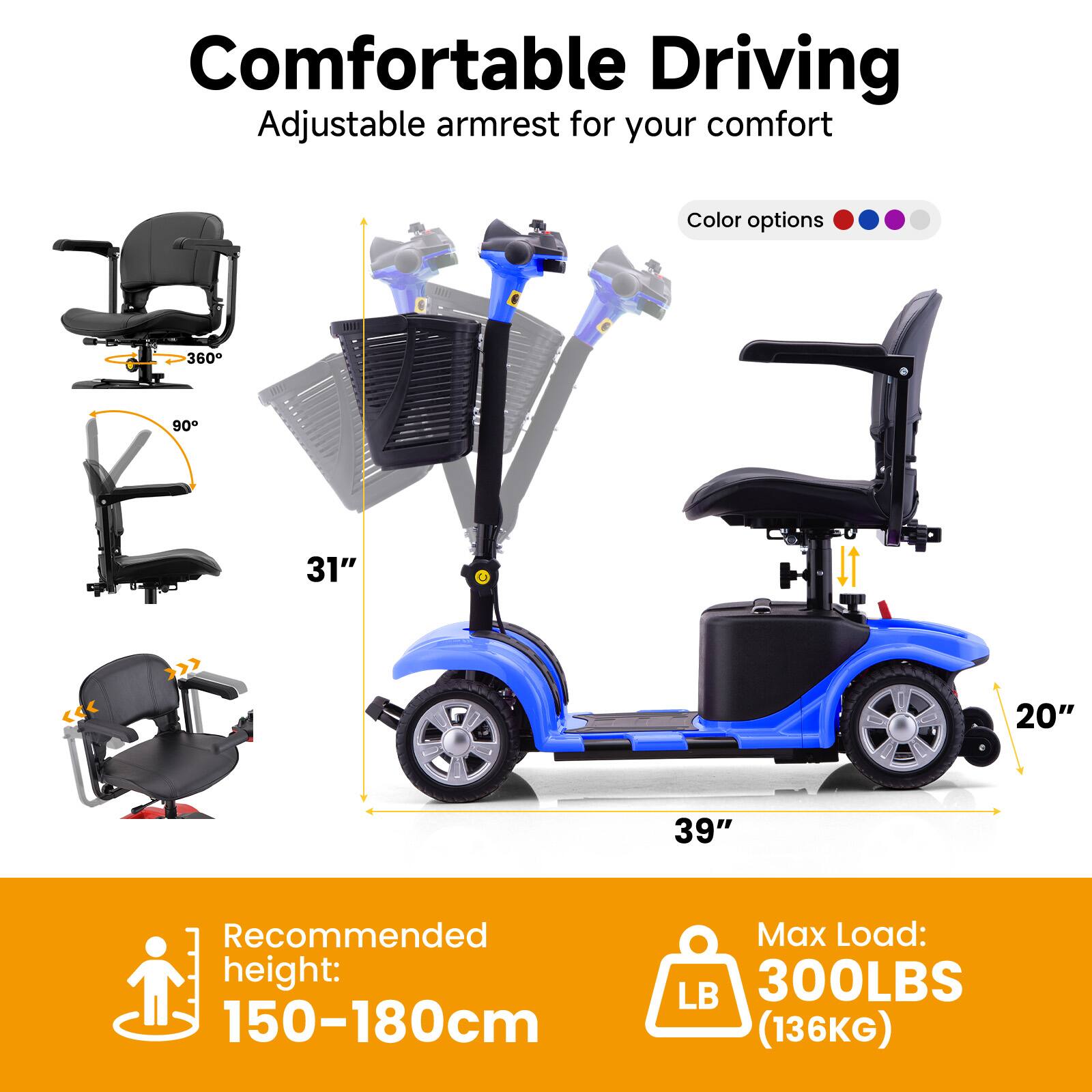 Comfortable Driving Adjustable armrest for your comfort  
Color options: 360°, 90°  
Dimensions: 31" x 20" x 39"  
Recommended height: 150-180cm  
Max Load: 300LBS (136KG)