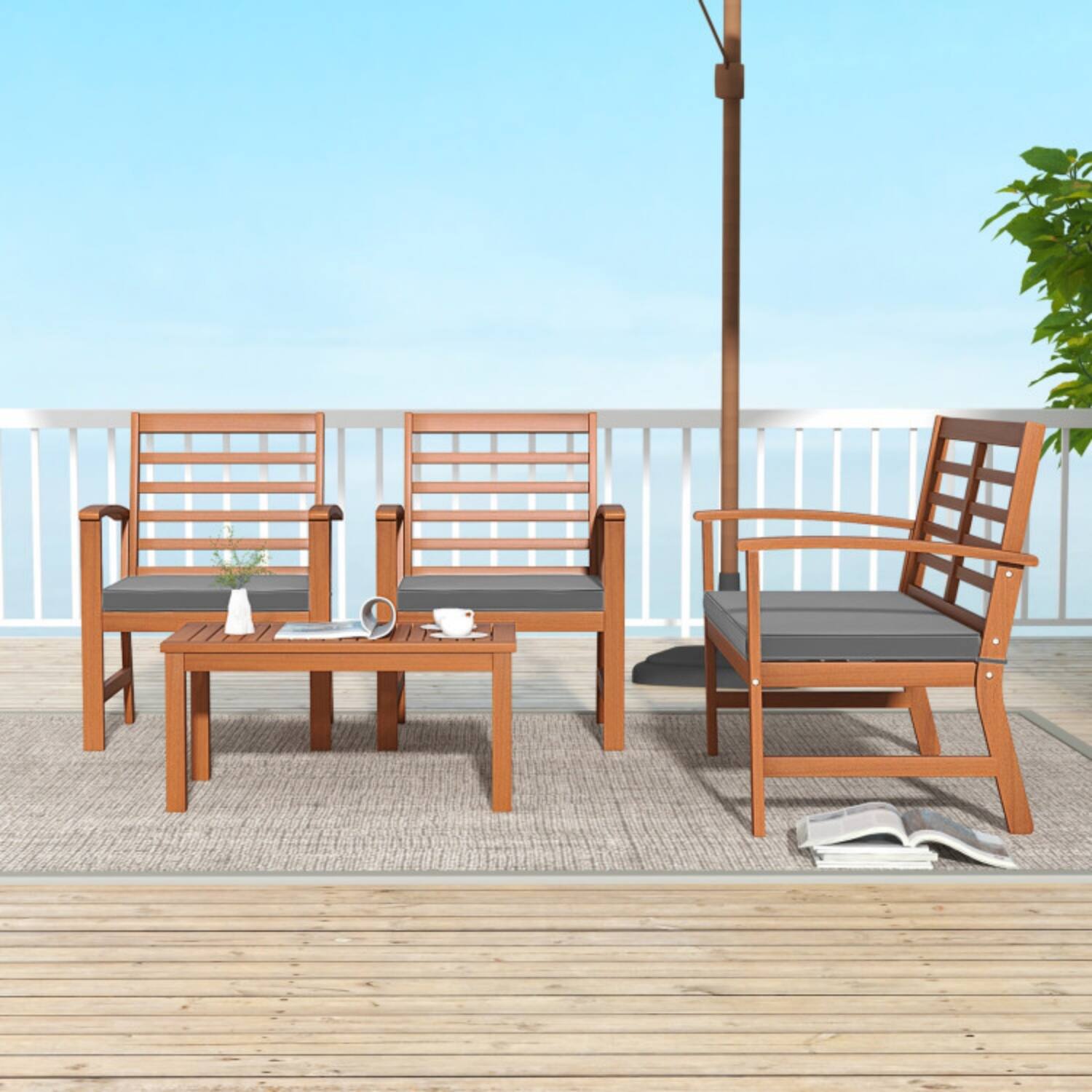 Alt View 2. Mondawe - 48 x 24 x 31.5 IN Freestanding Acacia Wood Patio Set with Loveseat, 2 Chairs & Table 4-Piece - Natural+Gray.