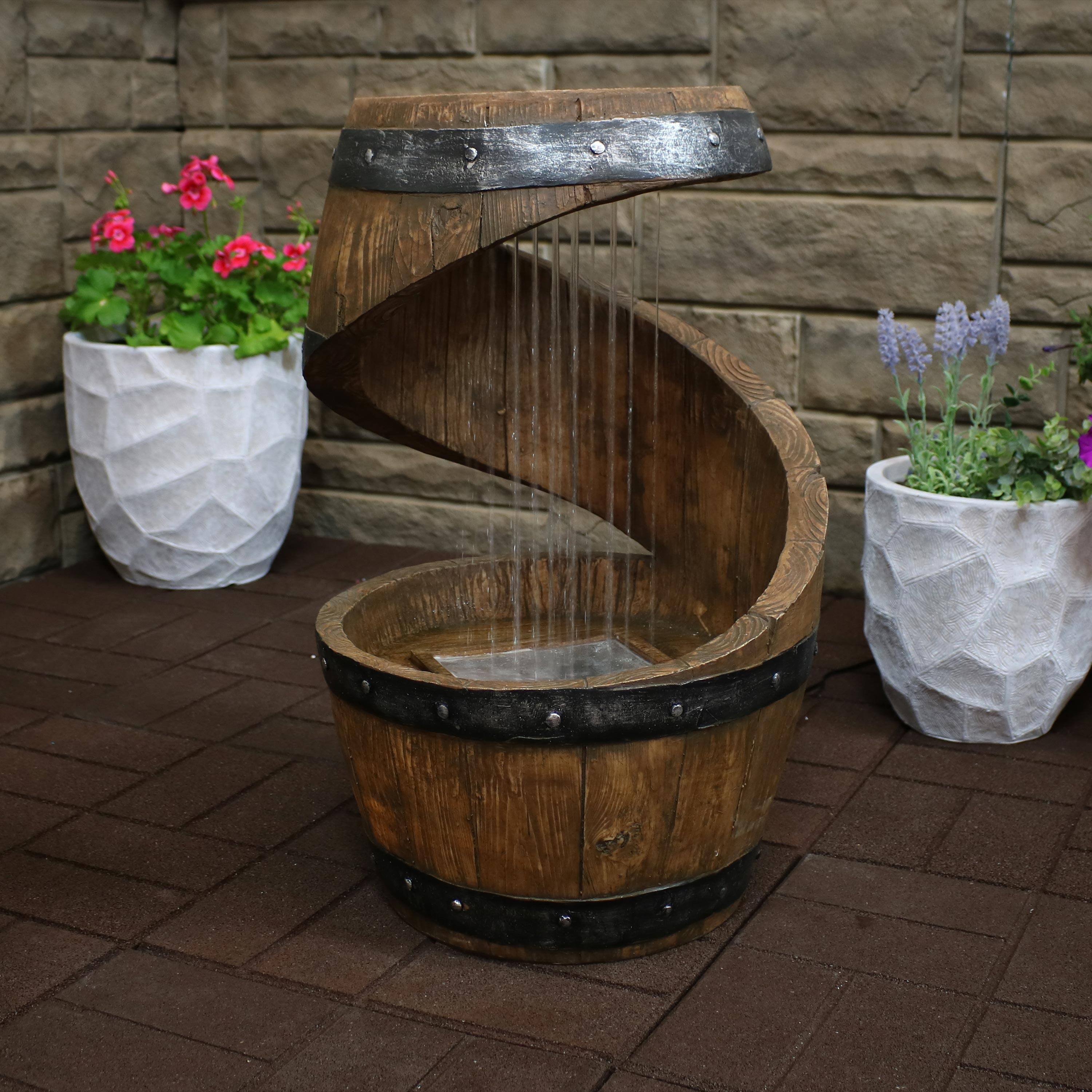 Alt View 3. Sunnydaze - Spiraling Barrel Outdoor Water Fountain with LED Lights - 25 in - Brown.