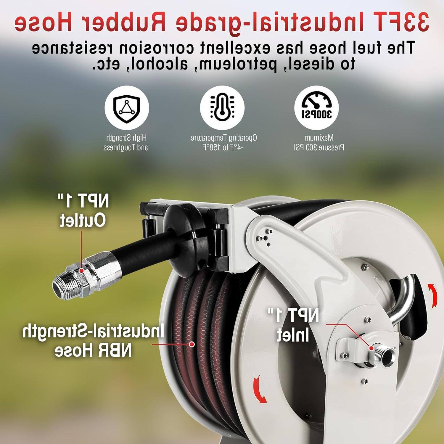 Sure, here is the corrected and grouped text:

---

**33FT Industrial-grade Hose**

- **Material:** NBR
- **Length:** 33FT
- **Inlet/Outlet:** 1" NPT
- **Pressure Rating:** 300 PSI
- **Temperature Range:** -4°F to 158°F
- **Resistance:** Excellent resistance to alcohol, petroleum, diesel, etc.
- **Features:**
  - High strength
  - Toughness
  - Corrosion resistance
  - Maximum pressure: 300 PSI
  - Maximum temperature: 158°F
  - Minimum temperature: -4°F
  - 300 PSI
  - 1" NPT Inlet
  - 1" NPT Outlet

---

This text is organized to clearly present the specifications and features of the industrial-grade hose.