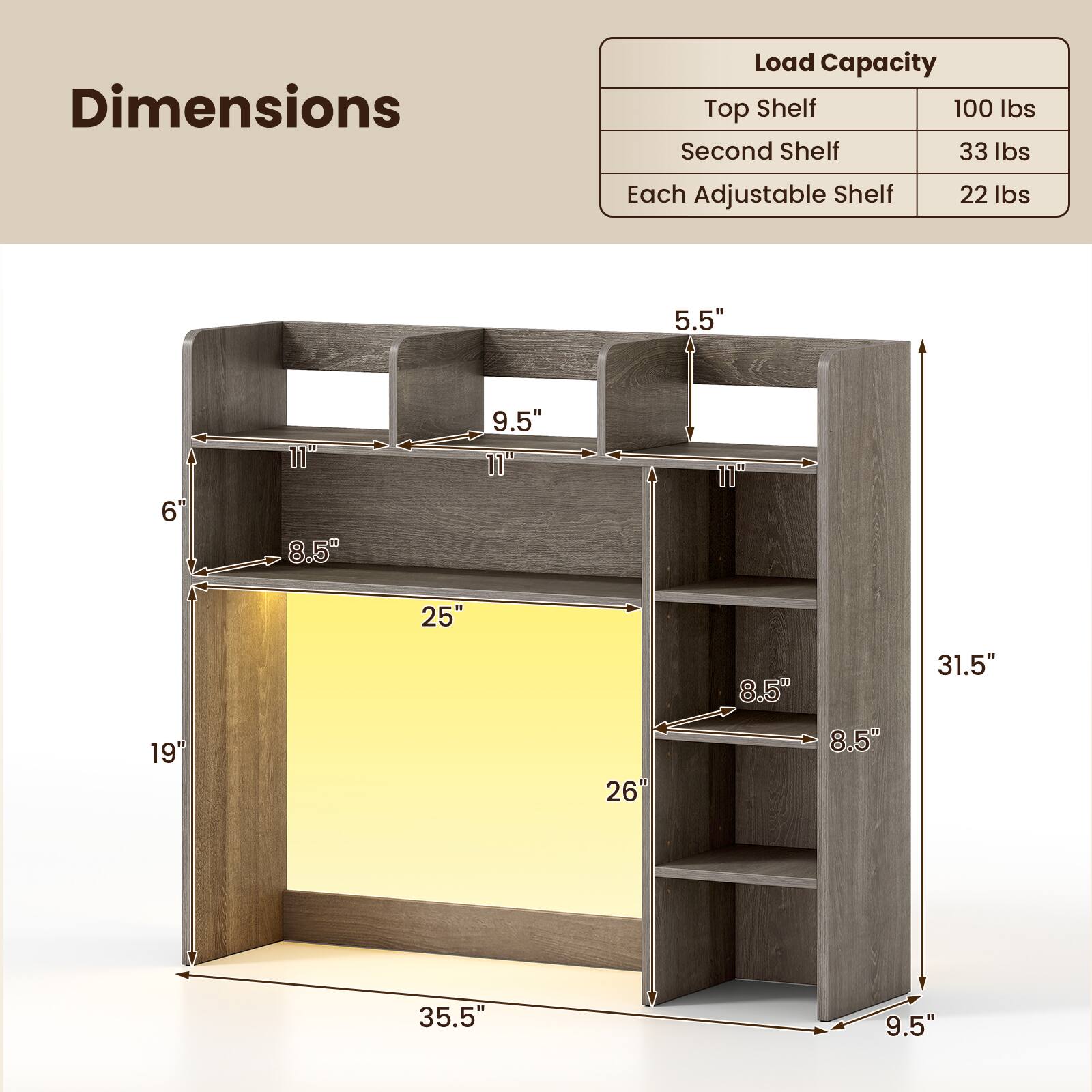 Dimensions

Load Capacity
- Top Shelf: 100 lbs
- Second Shelf: 33 lbs
- Each Adjustable Shelf: 22 lbs

Dimensions:
- 5.5" x 6" x 11" x 8.5" x 9.5" x 11" x 11" x 25" x 19" x 26" x 8.5" x 8.5" x 31.5" x 35.5" x 9.5"