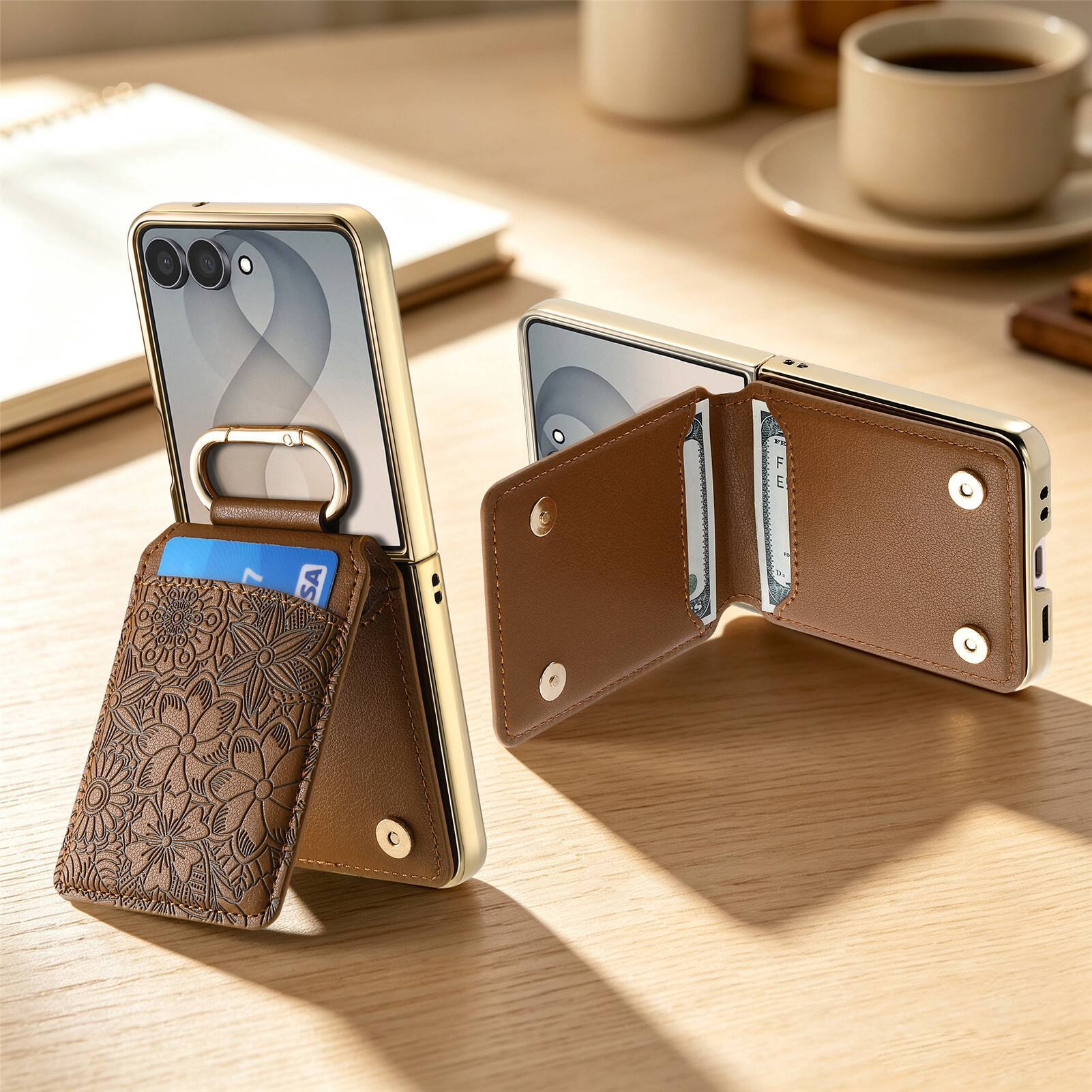 Alt View 6. Dteck - Shockproof Leather Wallet Phone Case for Samsung Galaxy Z Flip8 with Ring Clasp, Rigid Plastic Floral Flip Stand Cover - Brown.