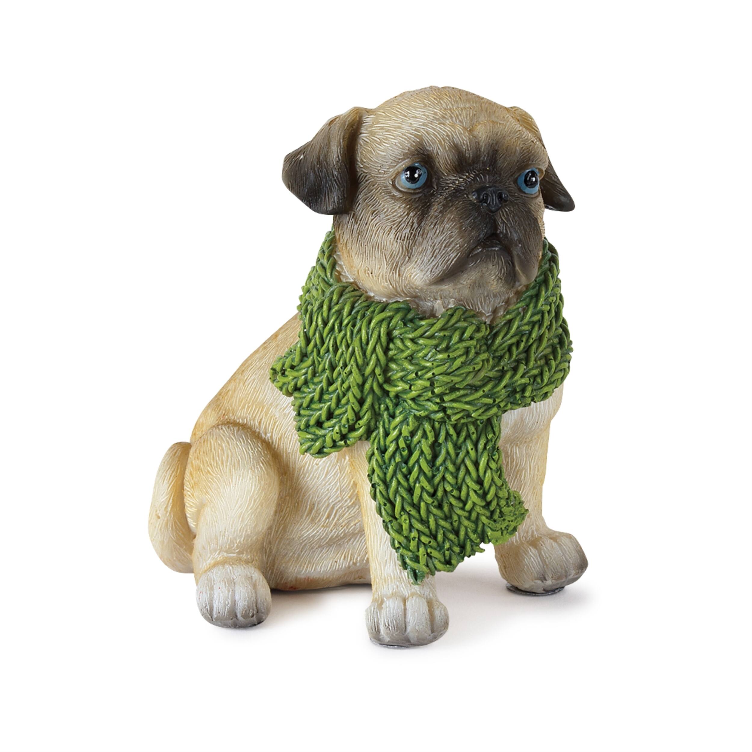 Left. BreeBe - Winter Dog Figurine with Hat and Scarf Accent (Set of 12) - Green, Red, Grey.