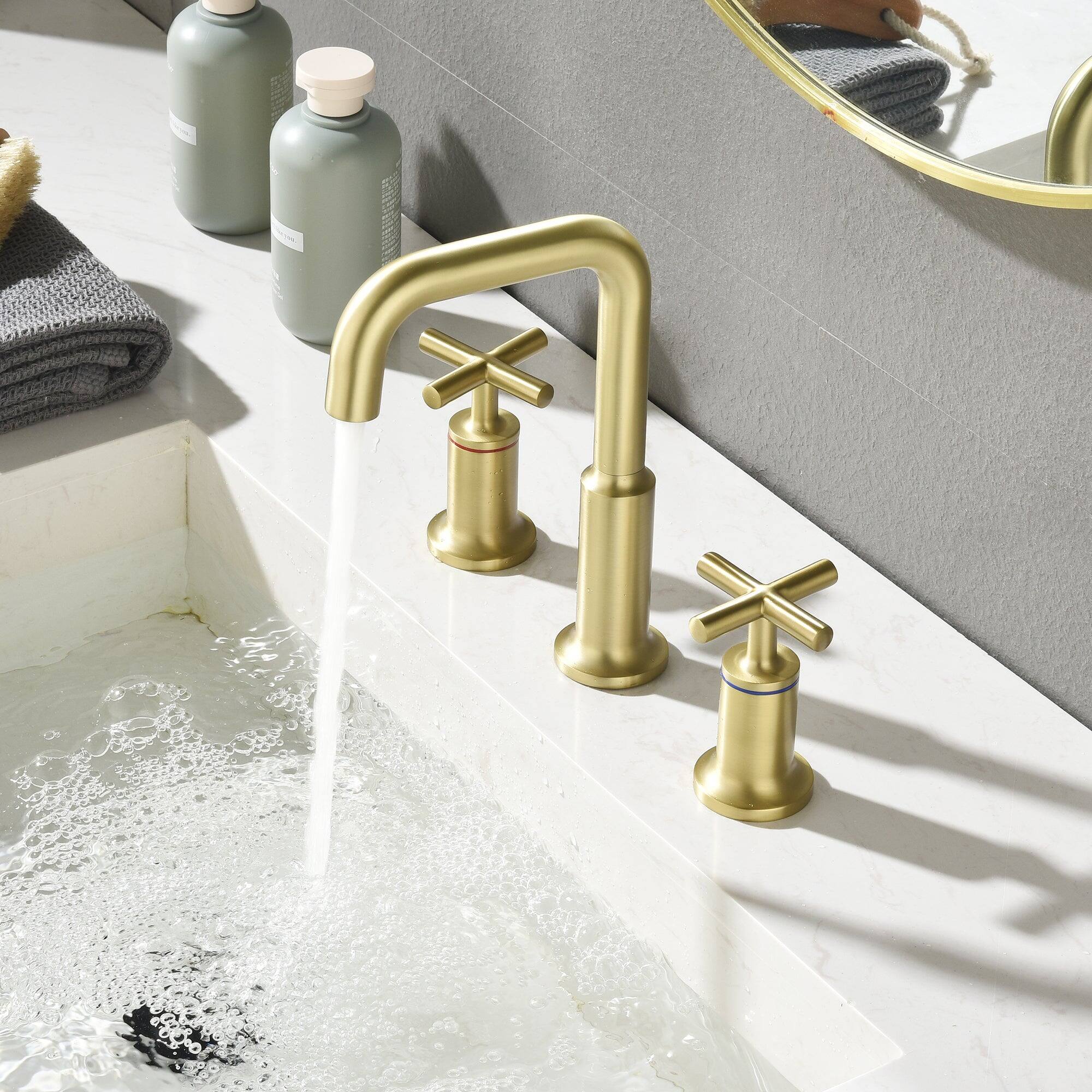 Alt View 9. Boyel Living - Brass 8 Inch Widespread Double Handle Bathroom Faucet with Water Supply Hoses and Quick Connected Hose in Brushed Gold - Brushed Gold.