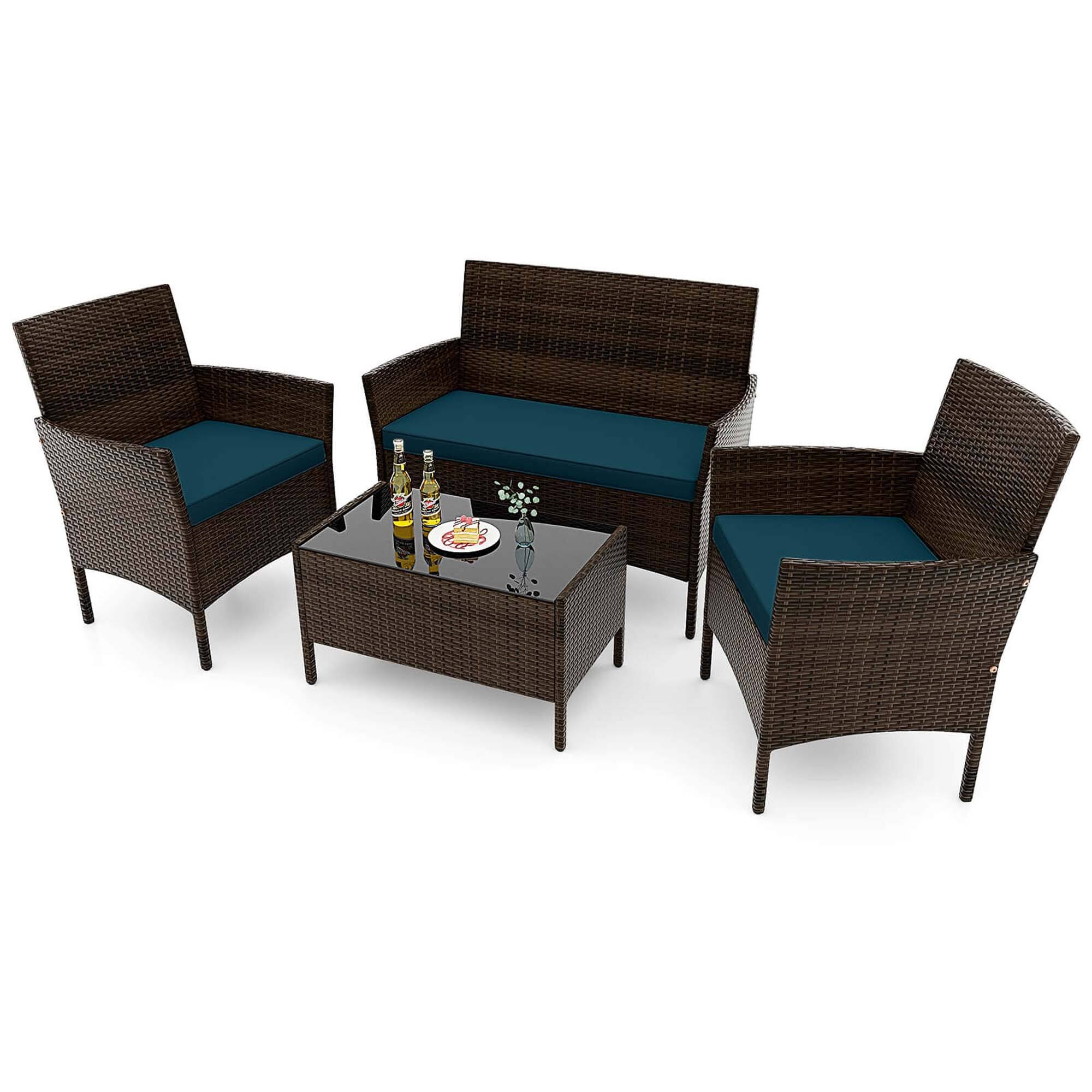 Gymax - Set of 4 Furniture Set w/ Washable Cushions & Tempered Glass Coffee Table - Blue price history on PriceWatchPro