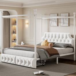 LUCKY ONE - Queen Size Metal Canopy Platform Bed with Upholstered Headboard and Two Storage Drawers - White