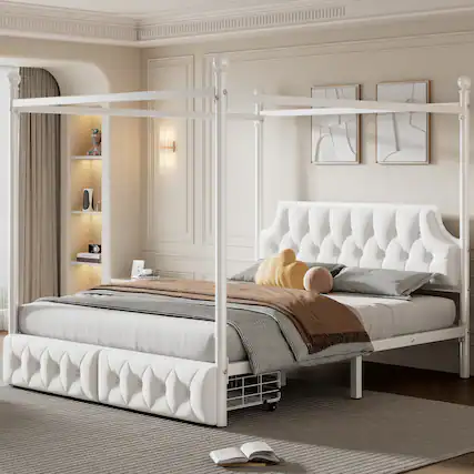 Front. LUCKY ONE - Queen Size Metal Canopy Platform Bed with Upholstered Headboard and Two Storage Drawers - White.