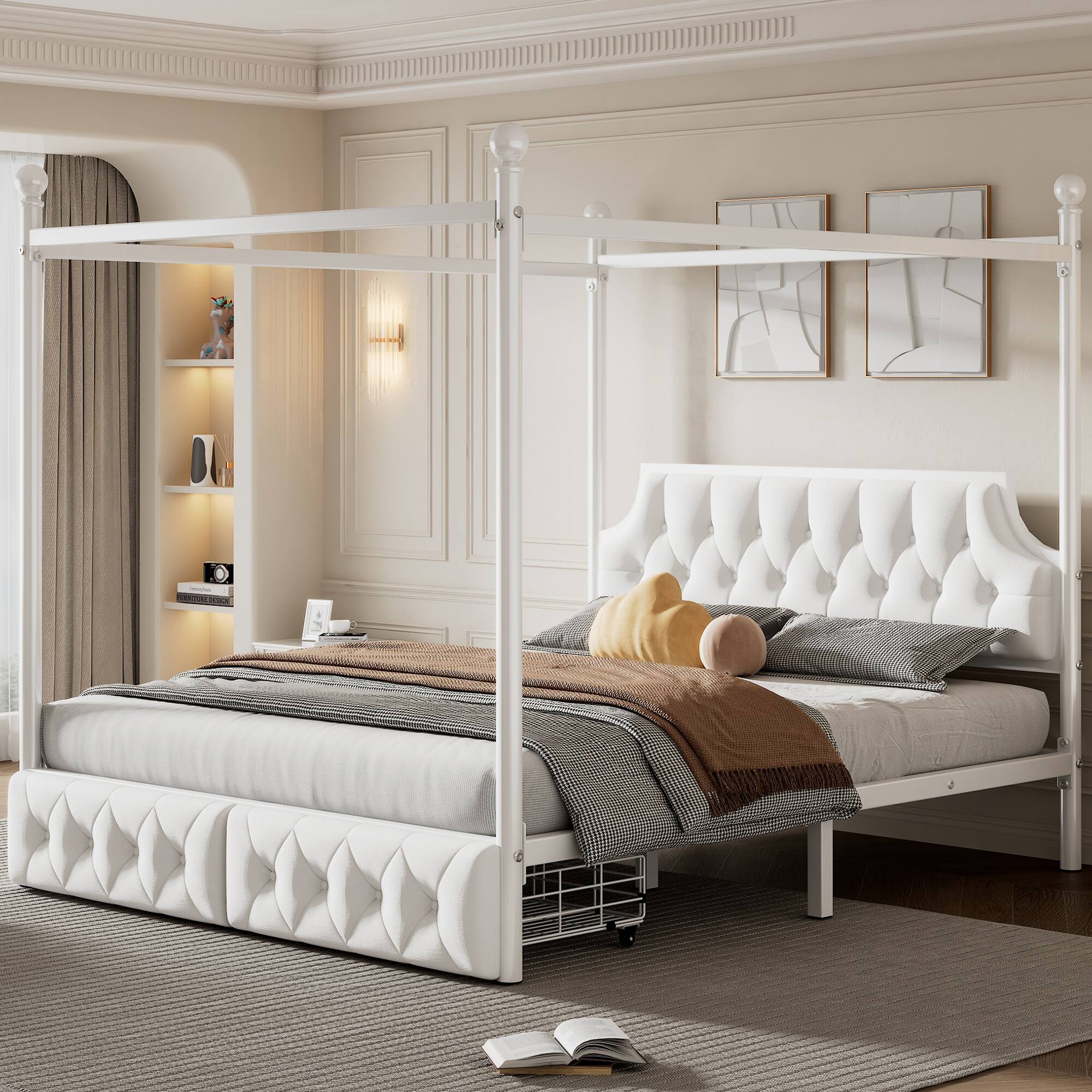 Front. LUCKY ONE - Queen Size Metal Canopy Platform Bed with Upholstered Headboard and Two Storage Drawers - White.