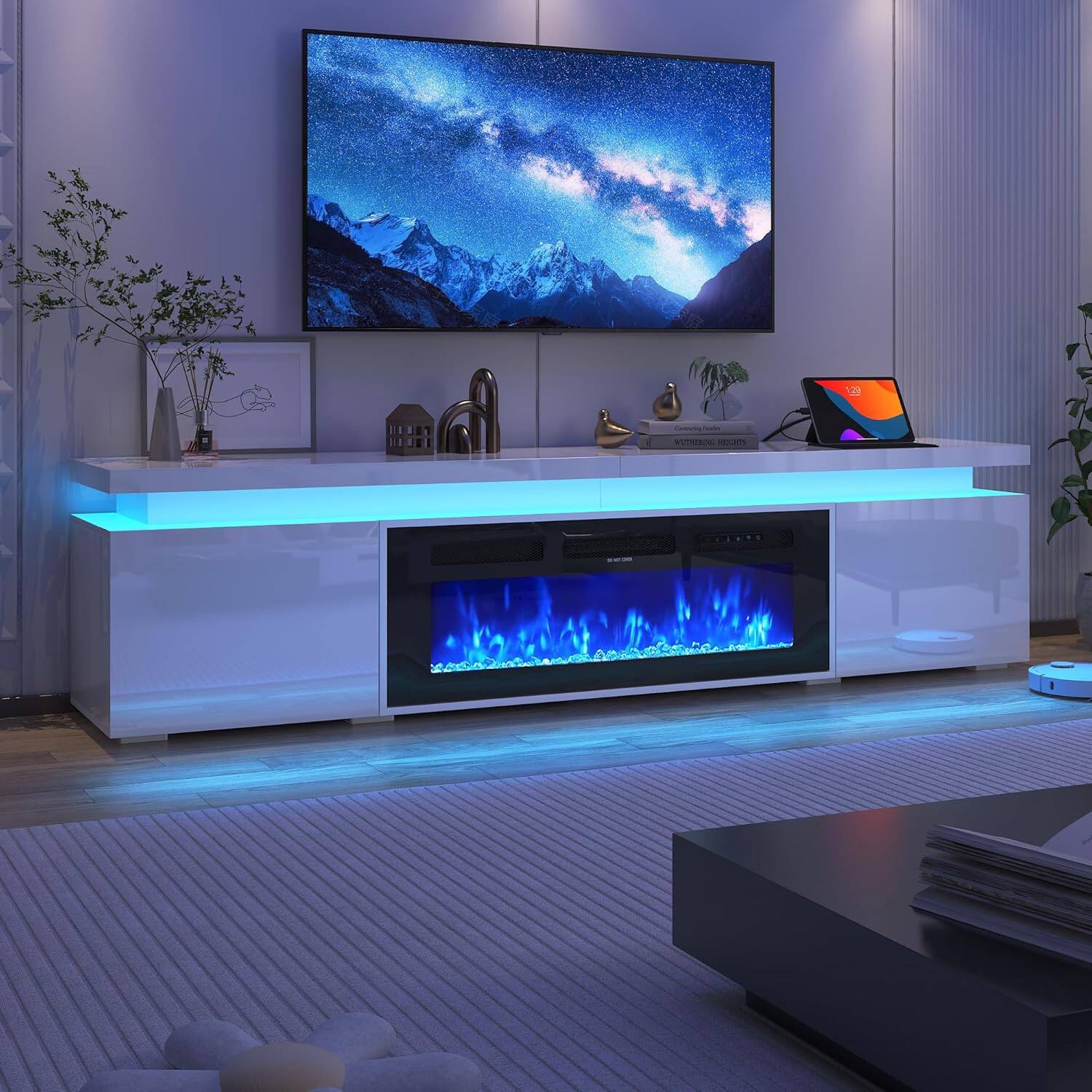 Angle. Espafurni - 90inch Modern Fireplace TV Stand with Power Outlet Storage for up to 100" TVs - White.