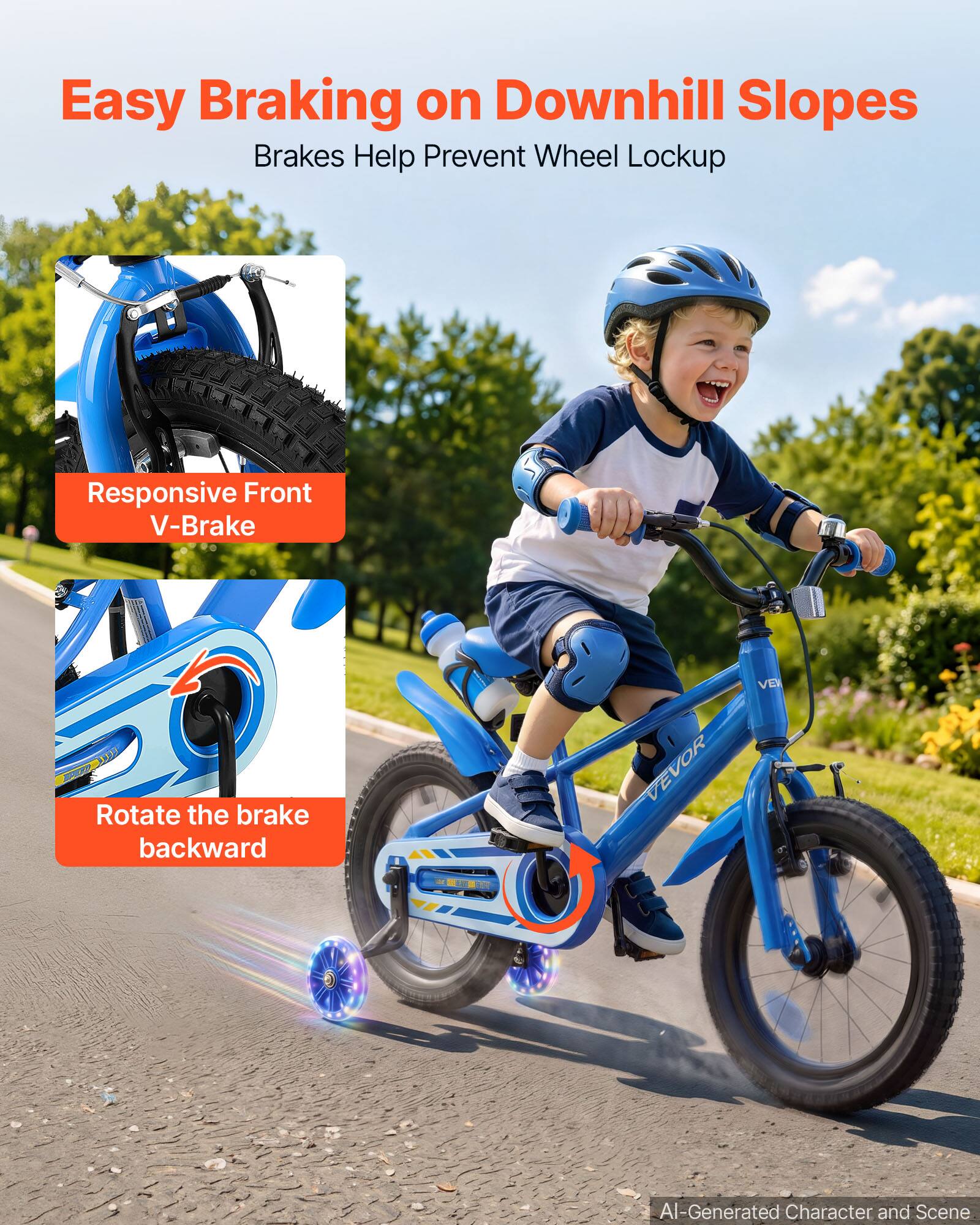 Easy Braking on Downhill Slopes  
Brakes Help Prevent Wheel Lockup  

Responsive Front V-Brake  

Rotate the brake backward  

VEVOR  

AI-Generated Character and Scene