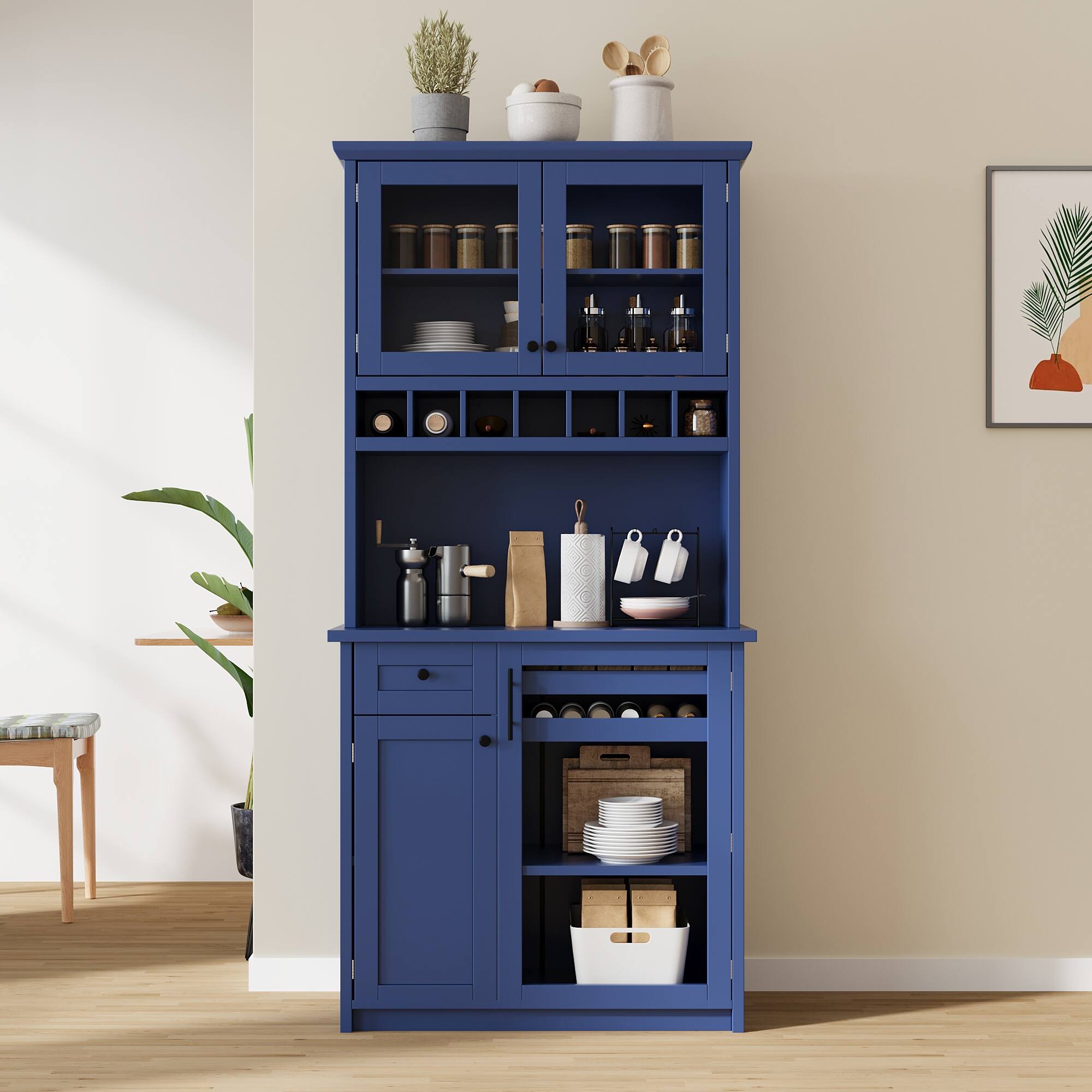Angle. Spaco - Spaco 35" Farmhouse Pantry Cabinet Buffet, Freestanding Kitchen Hutch with Wine Rack, Adjustable Shelves for Dining Room - Blue.