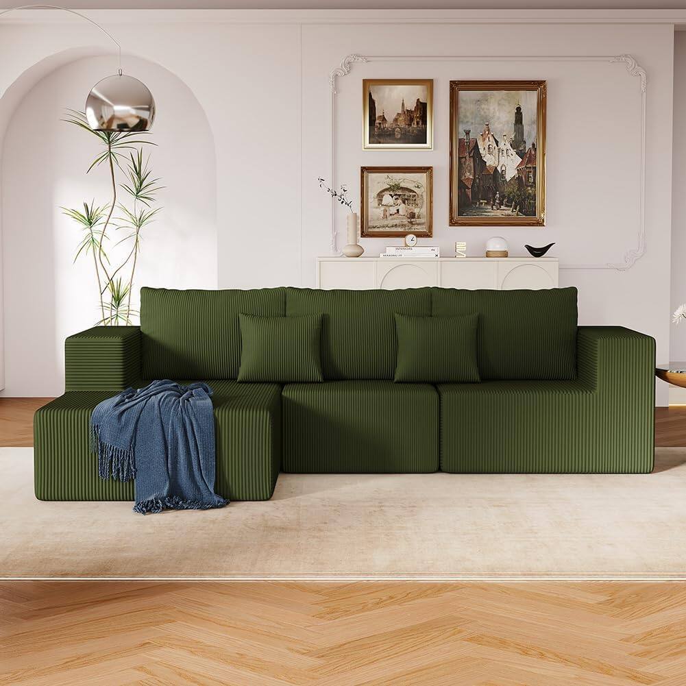 Alt View 2. Trinkets Crazed - 108.3in Sectional Foam Couch, Corduroy Fabric L Shape Sofa with Chaise Lounge - green.