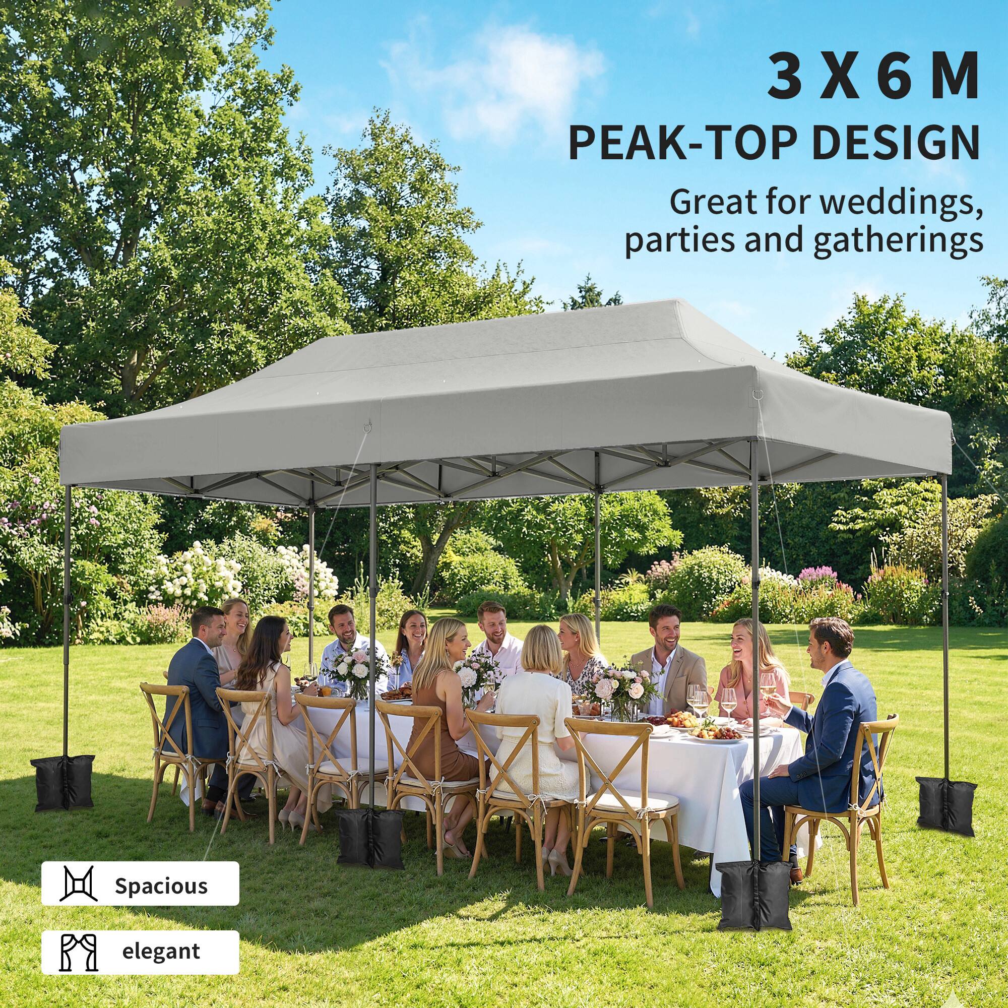 3 X 6 M  
PEAK-TOP DESIGN  
Great for weddings, parties and gatherings  

Spacious  
Elegant