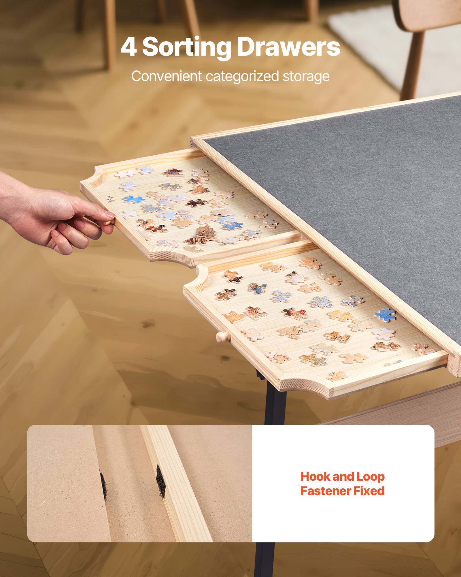 4 Sorting Drawers, Convenient categorized storage, Hook and Loop Fastener Fixed
