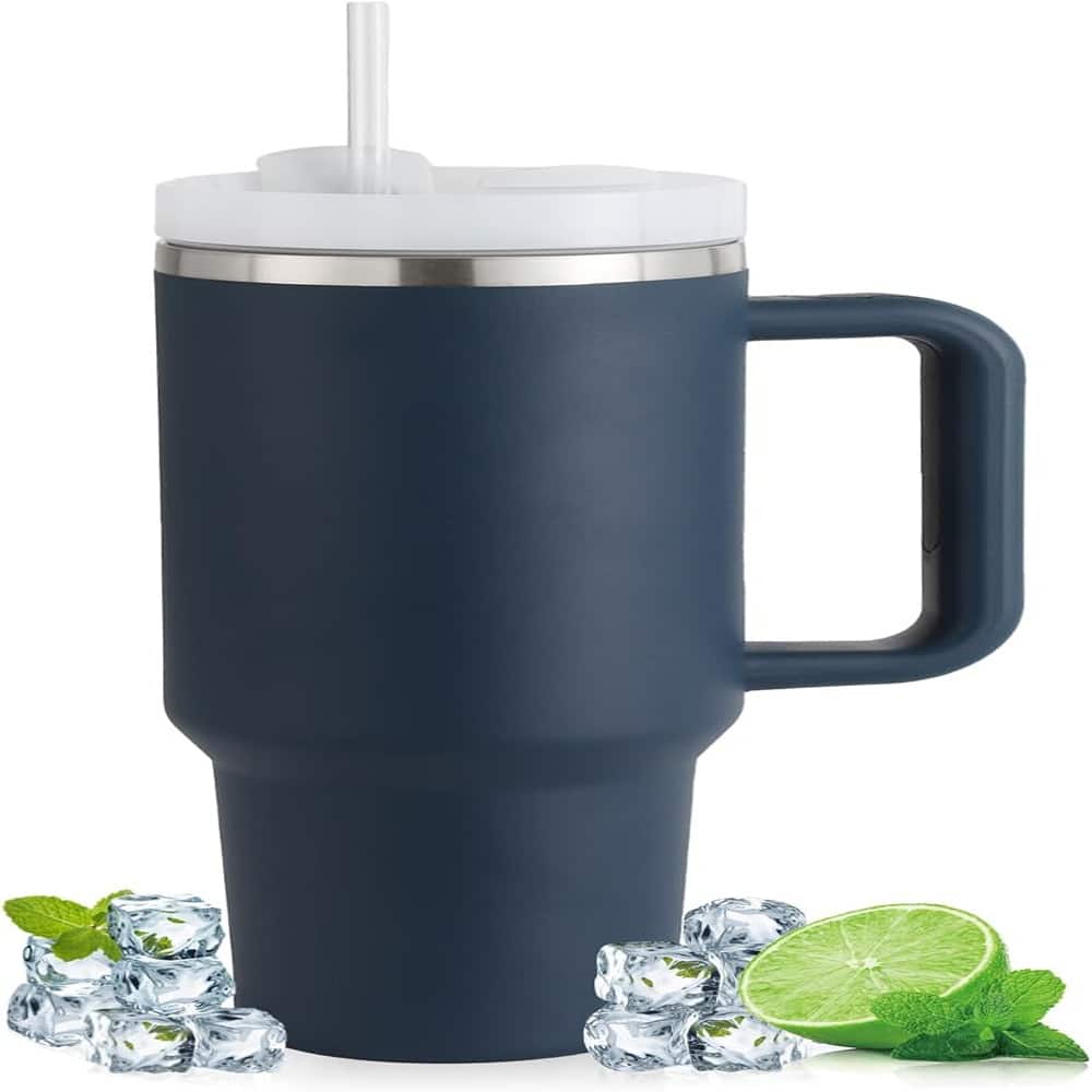 40oz Stainless Steel Tumbler with Handle & Straw – Insulated Travel Mug for Ice-Cold Drinks - Navy Blue