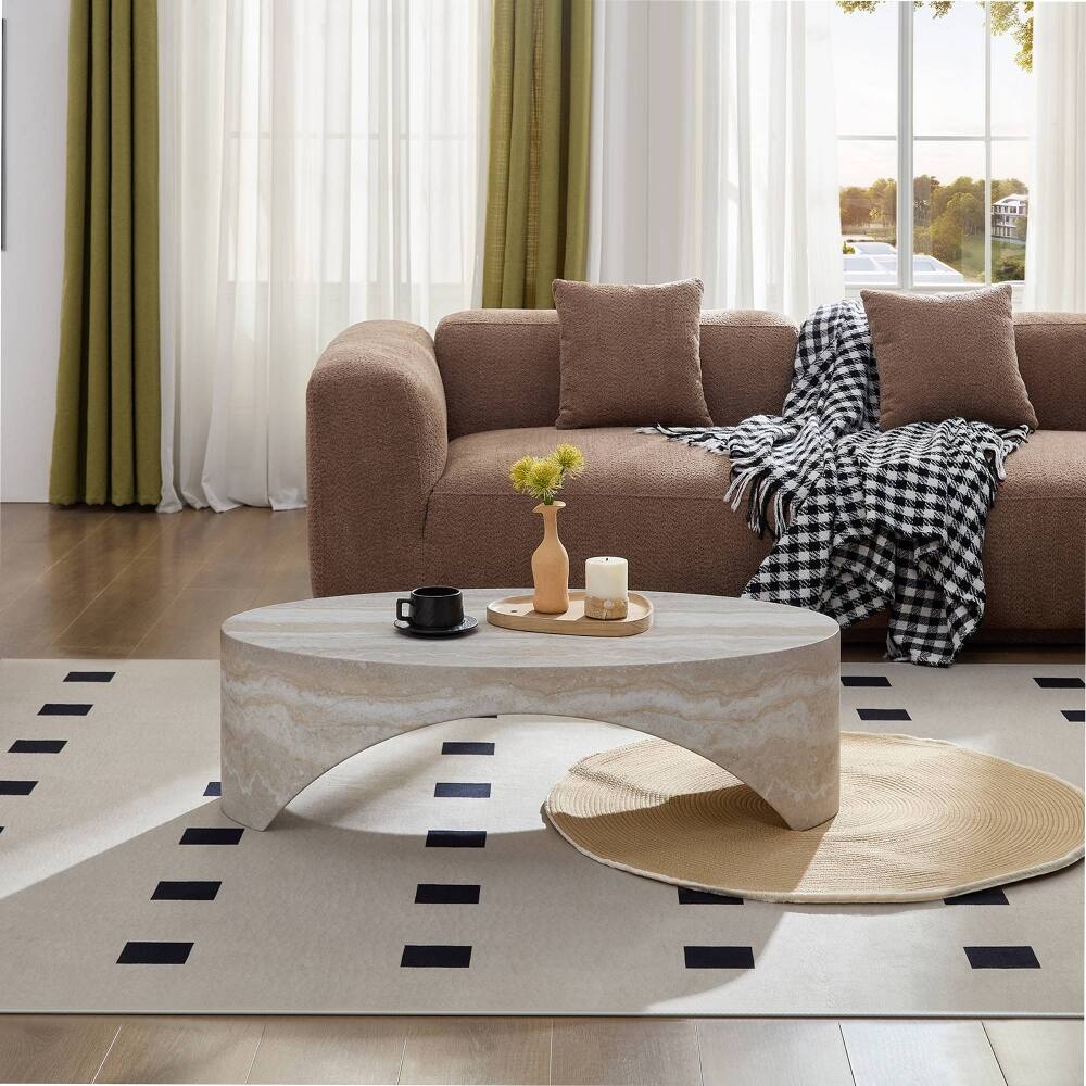 Angle. Loheer - Loheer Oval Marble Coffee Table Curved Fiberglass Center Table - White.