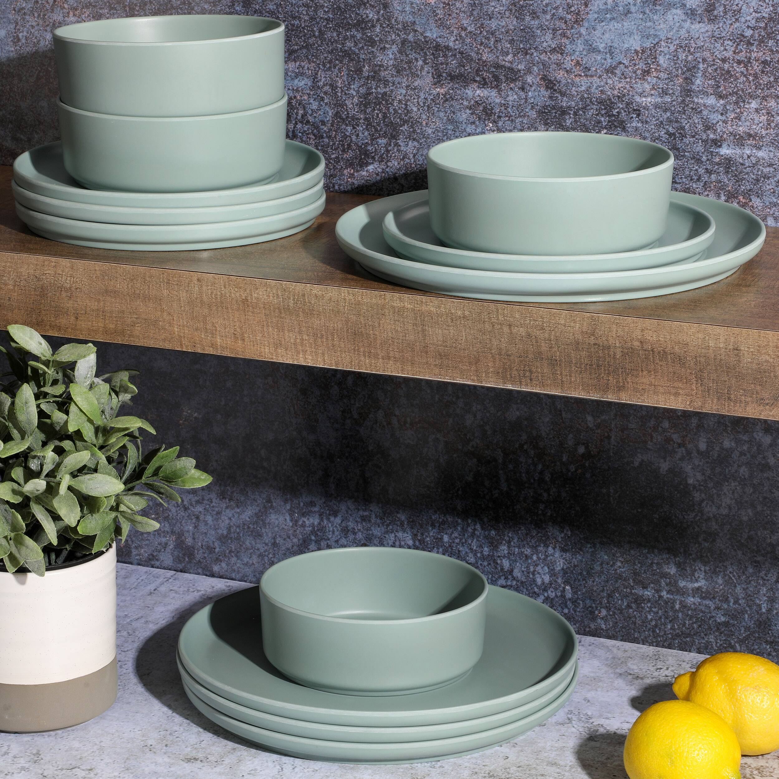 Alt View 4. Gibson - Gibson Home Canyon Crest 12 Piece Stackable Melamine Dinnerware Set in Sage - Dark Sage.