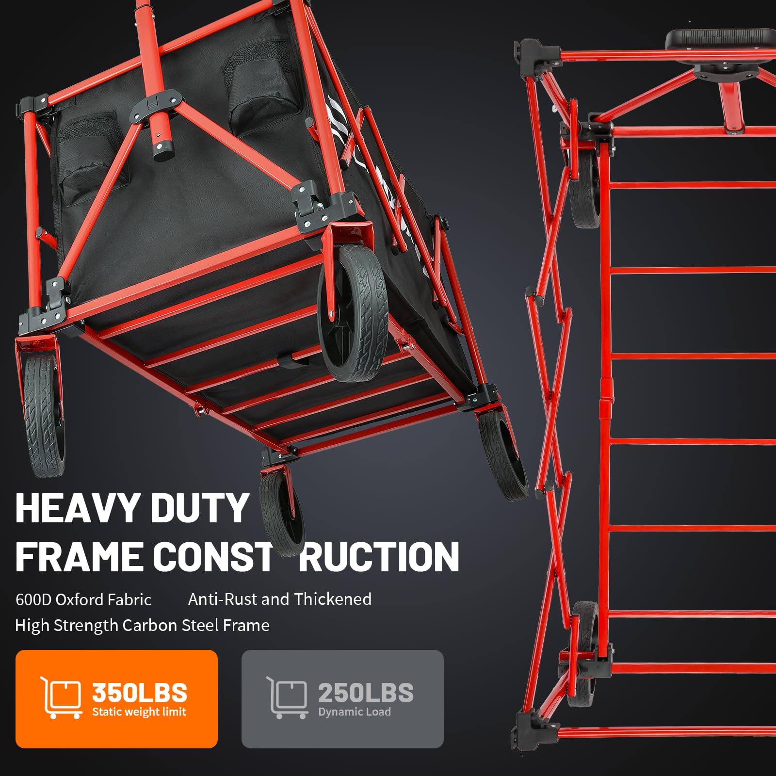 HEAVY DUTY FRAME CONSTRUCTION

600D Oxford Fabric
Anti-Rust and Thickened
High Strength Carbon Steel Frame

350LBS Static weight limit
250LBS Dynamic Load
