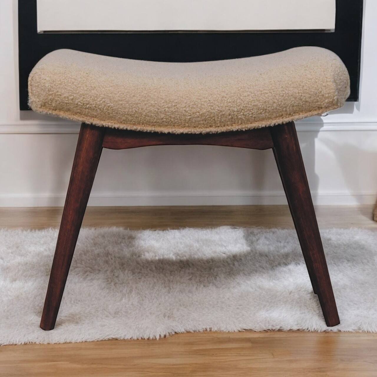 Angle. Artisan Furniture - Artisan Furniture Solid Wood Honey Caramel Boucle Cream Curved Bench, Upholstered, Brown and Cream - Brown and Cream.