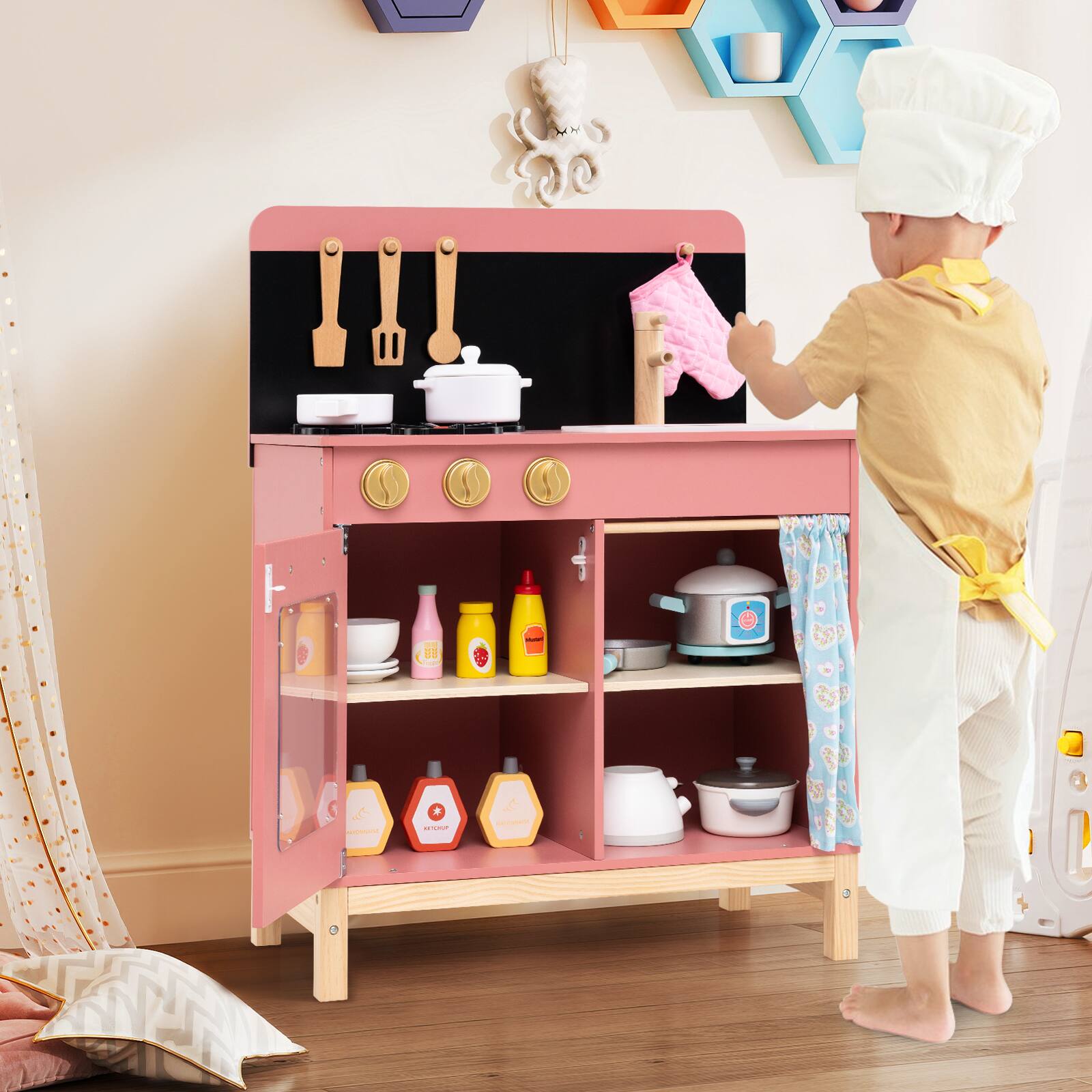 Alt View 3. Gymax - Gymax Play Kitchen for Kids w/ Door Curtain Stoves Sink & Oven Cookware Accessories - Pink.