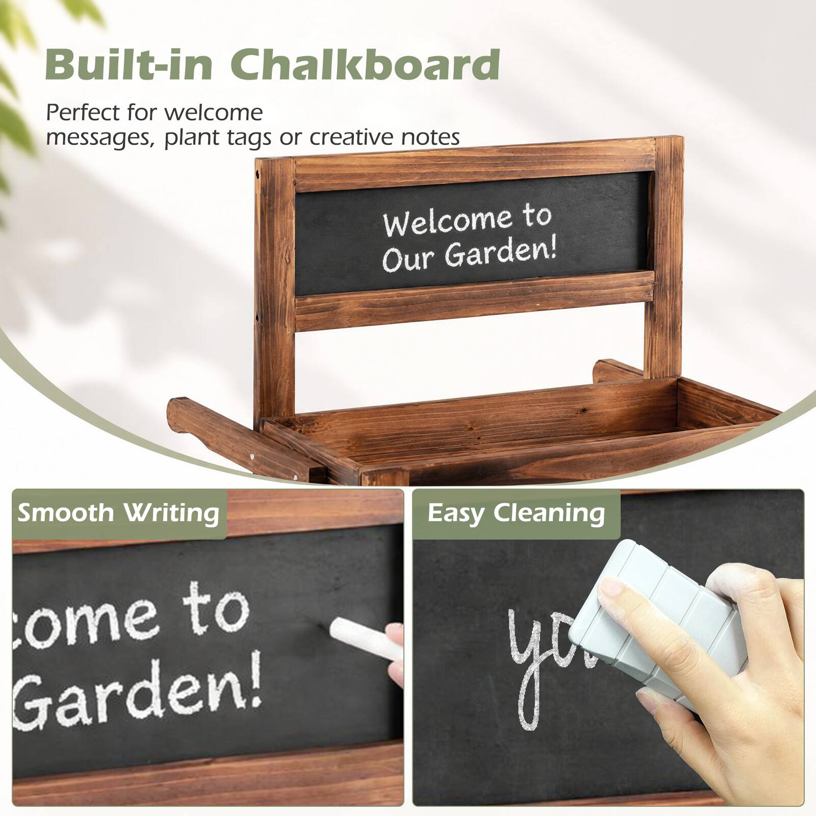 Built-in Chalkboard  
Perfect for welcome messages, plant tags or creative notes

Welcome to Our Garden!

Smooth Writing  
Easy Cleaning  
come to Garden!