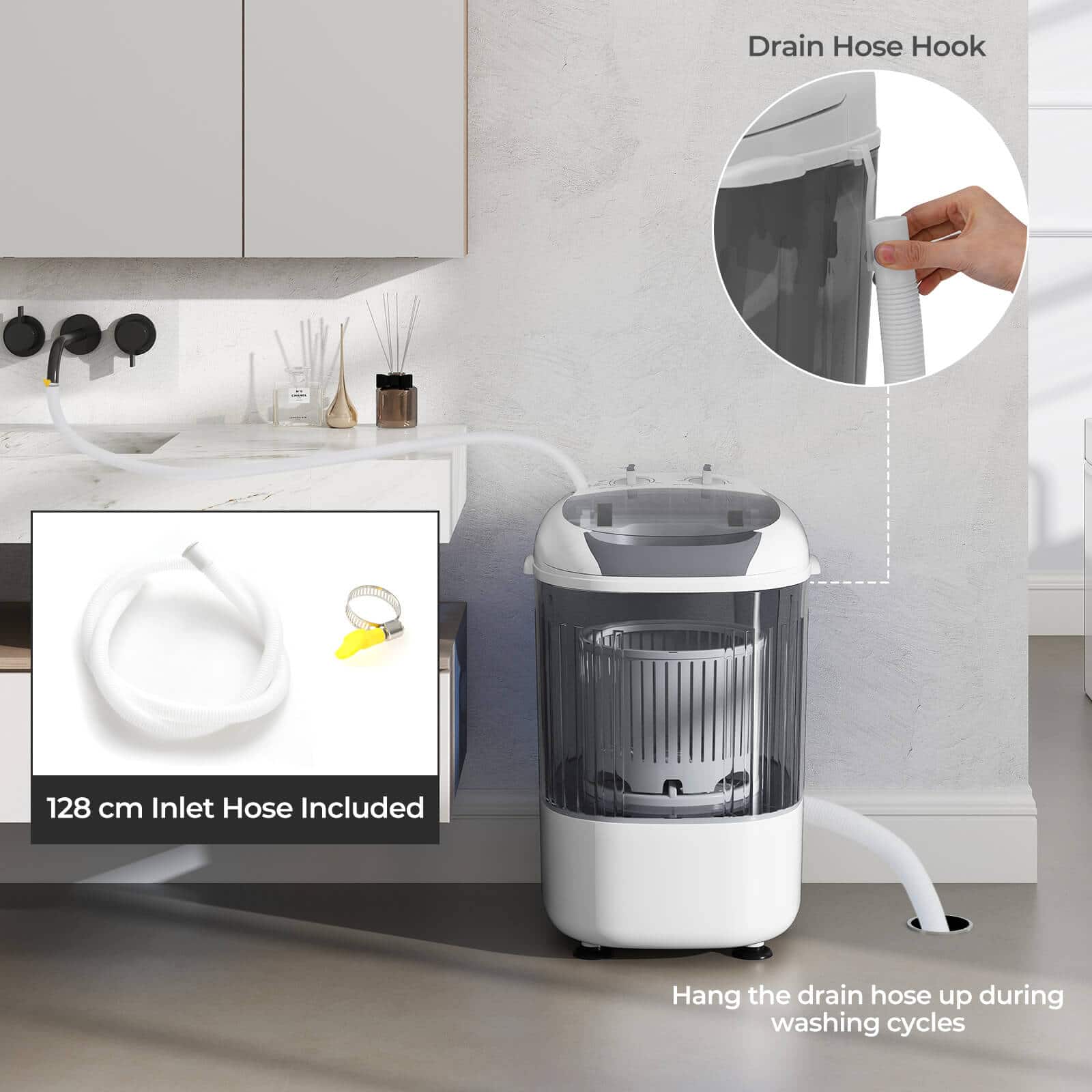 Drain Hose Hook, 128 cm Inlet Hose Included, Hang the drain hose up during washing cycles