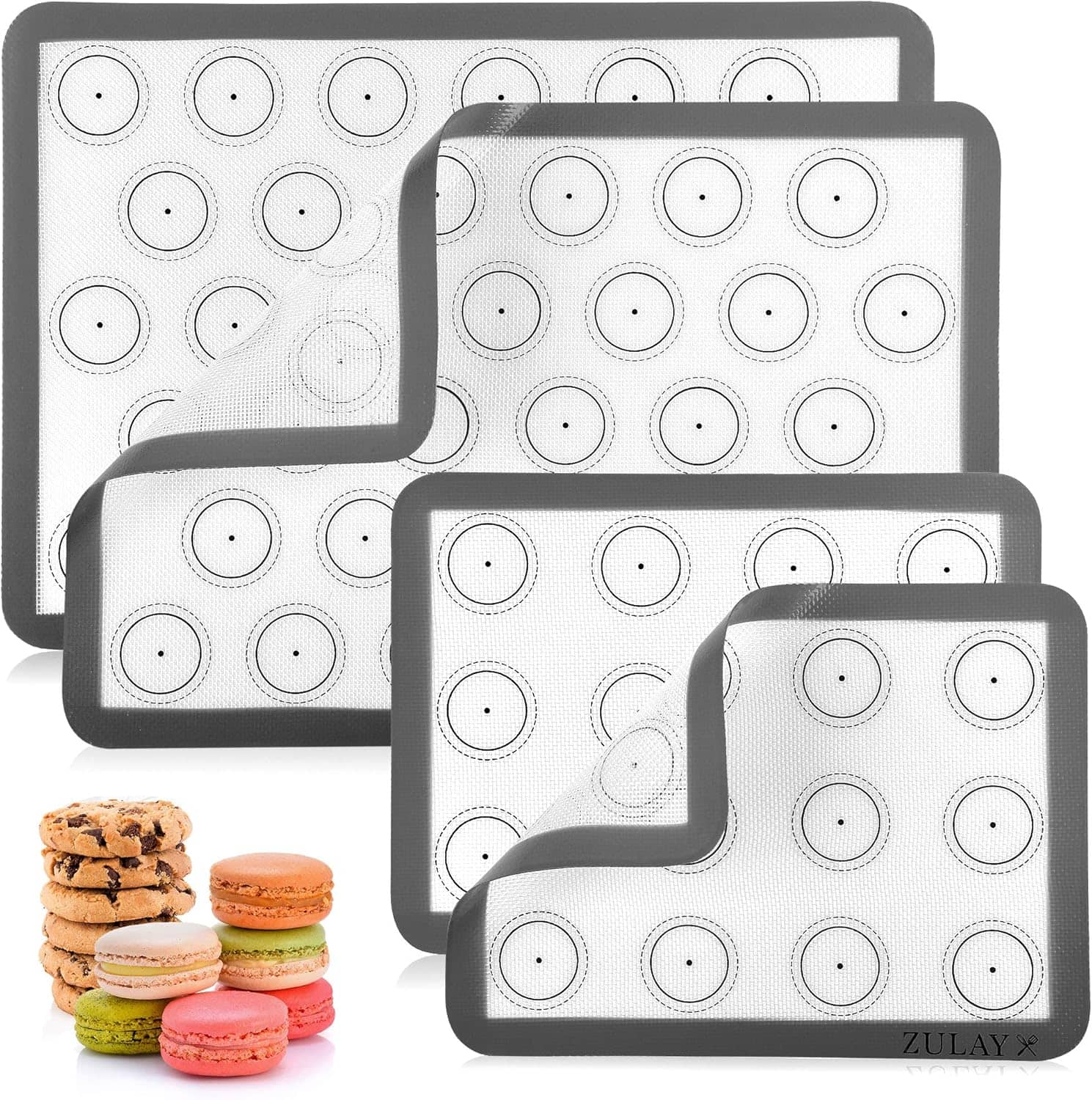 Zulay Kitchen - (Set of 4) Silicone Baking Mat - Macaron Silicone Baking Mats With Pre-printed Template Design - Gray