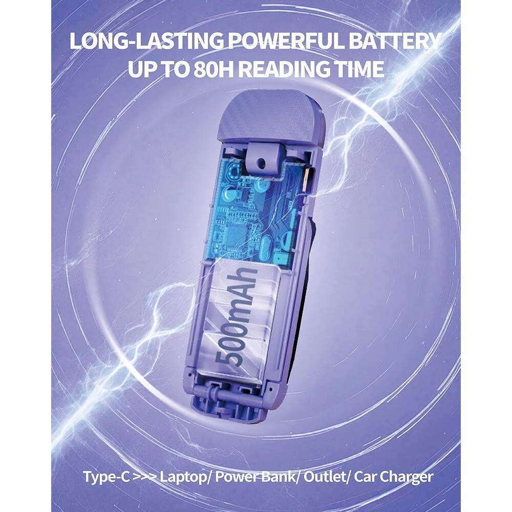 LONG-LASTING POWERFUL BATTERY  
UP TO 80H READING TIME  

500mAh  

Type-C >>> Laptop/ Power Bank/ Outlet/ Car Charger