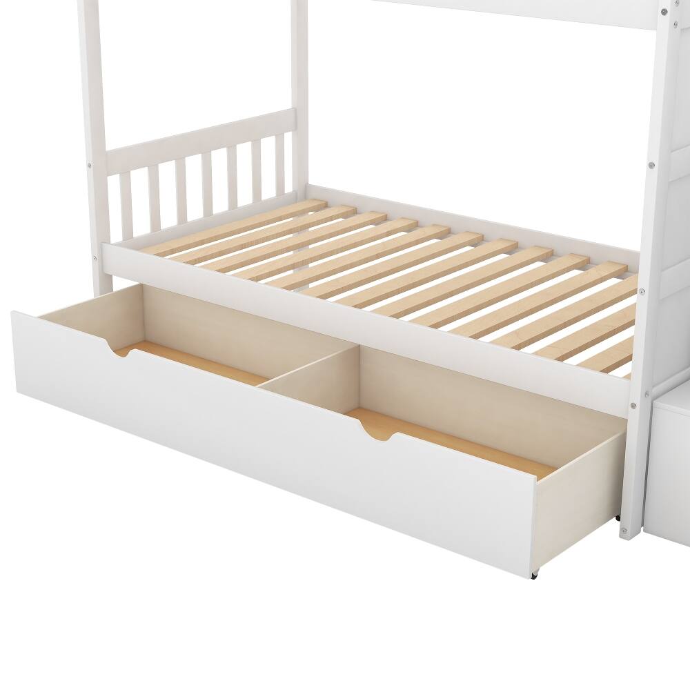 Alt View 2. Loheer - Loheer Twin over Full Bunk Bed with Stairs, White Convertible Bunk Bed with Storage Drawers - White.