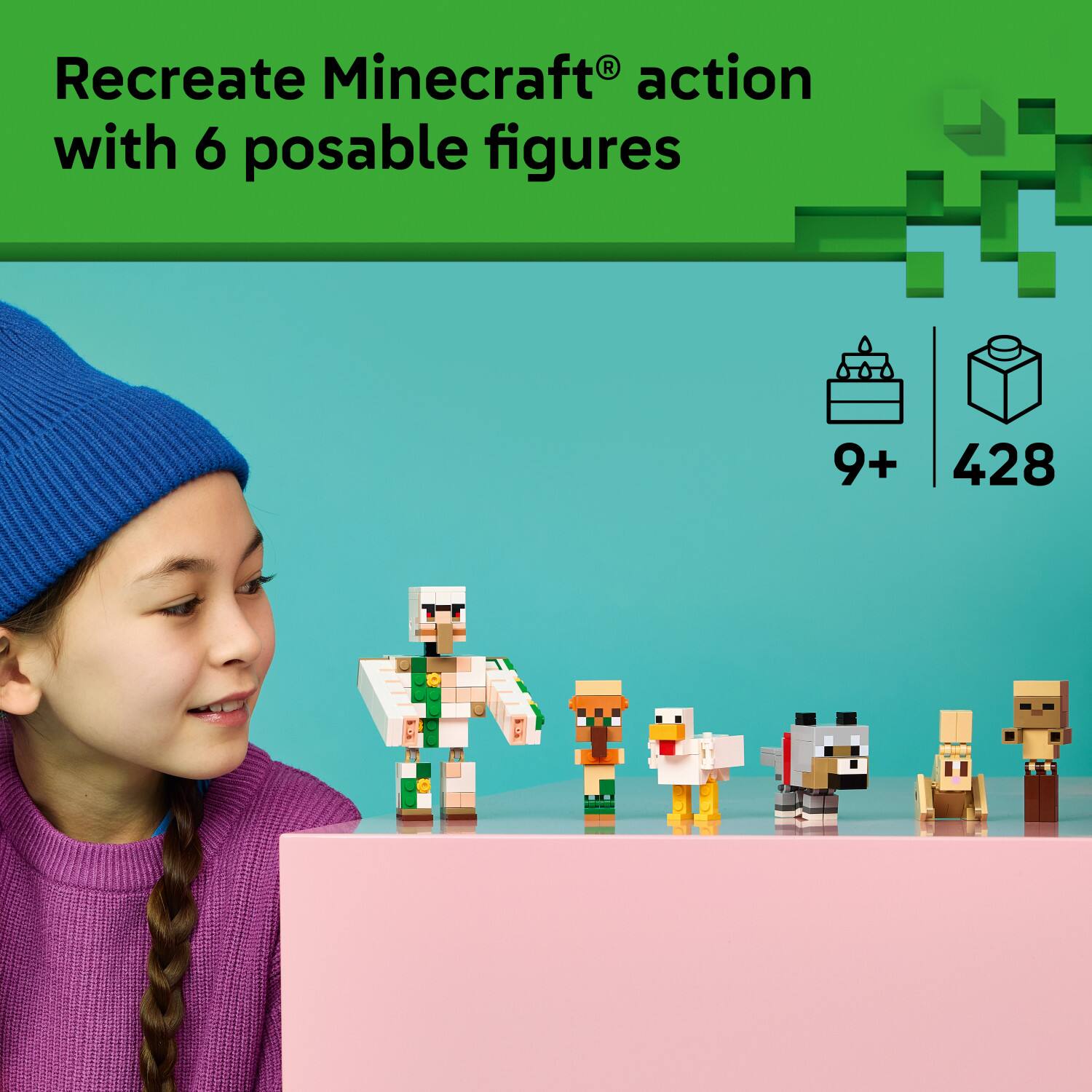 Recreate Minecraft® action with 6 posable figures  
9+  
428