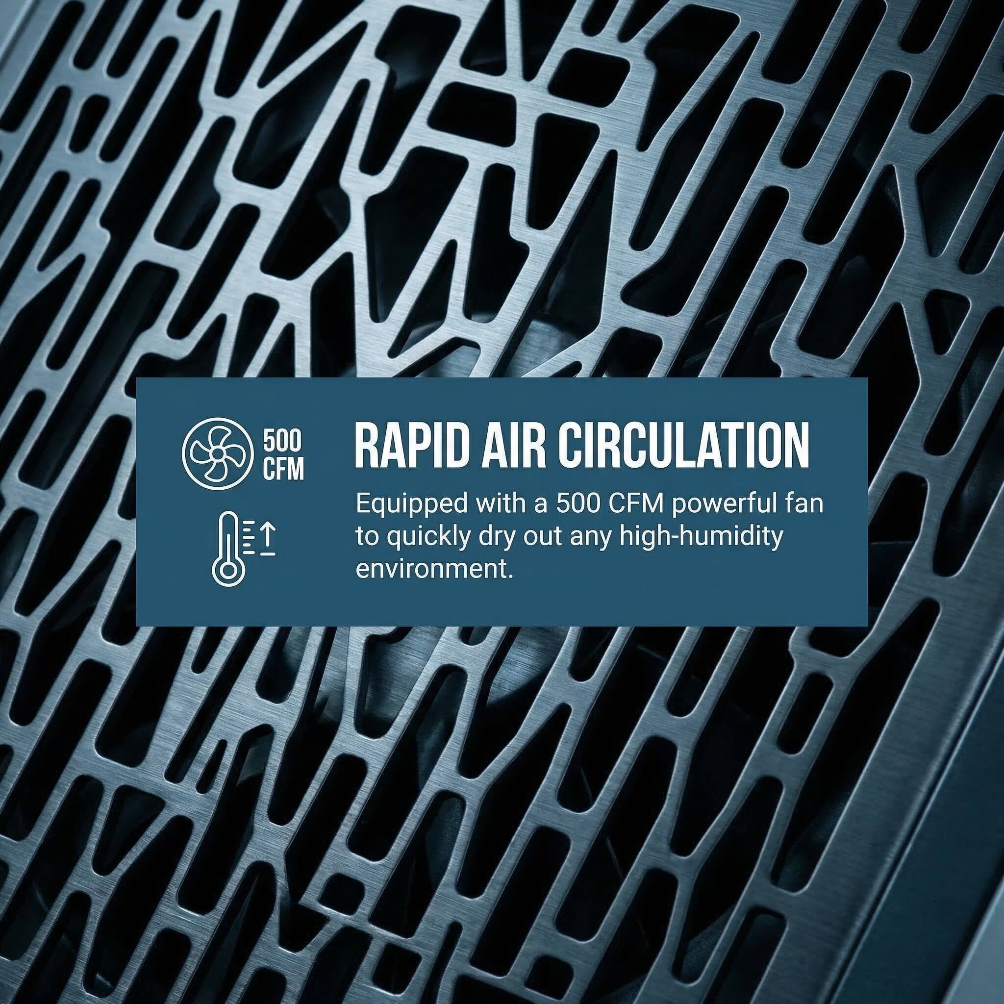 500 CFM RAPID AIR CIRCULATION  
Equipped with a 500 CFM powerful fan to quickly dry out any high-humidity environment.