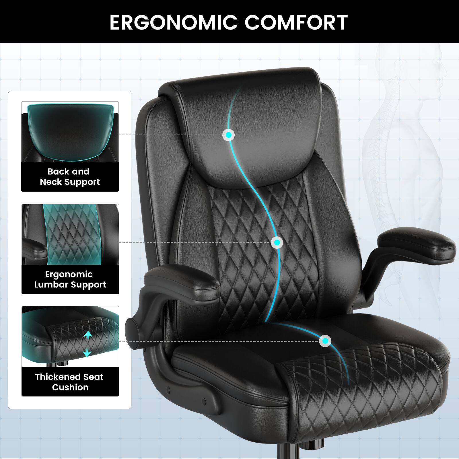 ERGONOMIC COMFORT

- Back and Neck Support
- Ergonomic Lumbar Support
- Thickened Seat Cushion