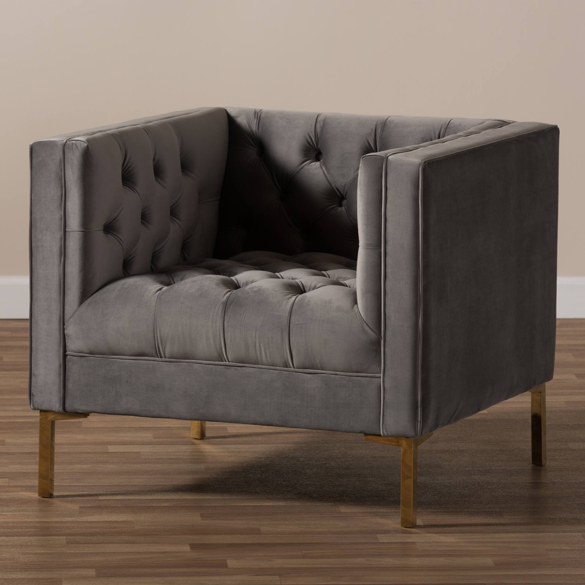 Alt View 4. Baxton Studio - Zanetta Luxe and Glamour Velvet Upholstered Gold Finished Lounge Chair - Grey.