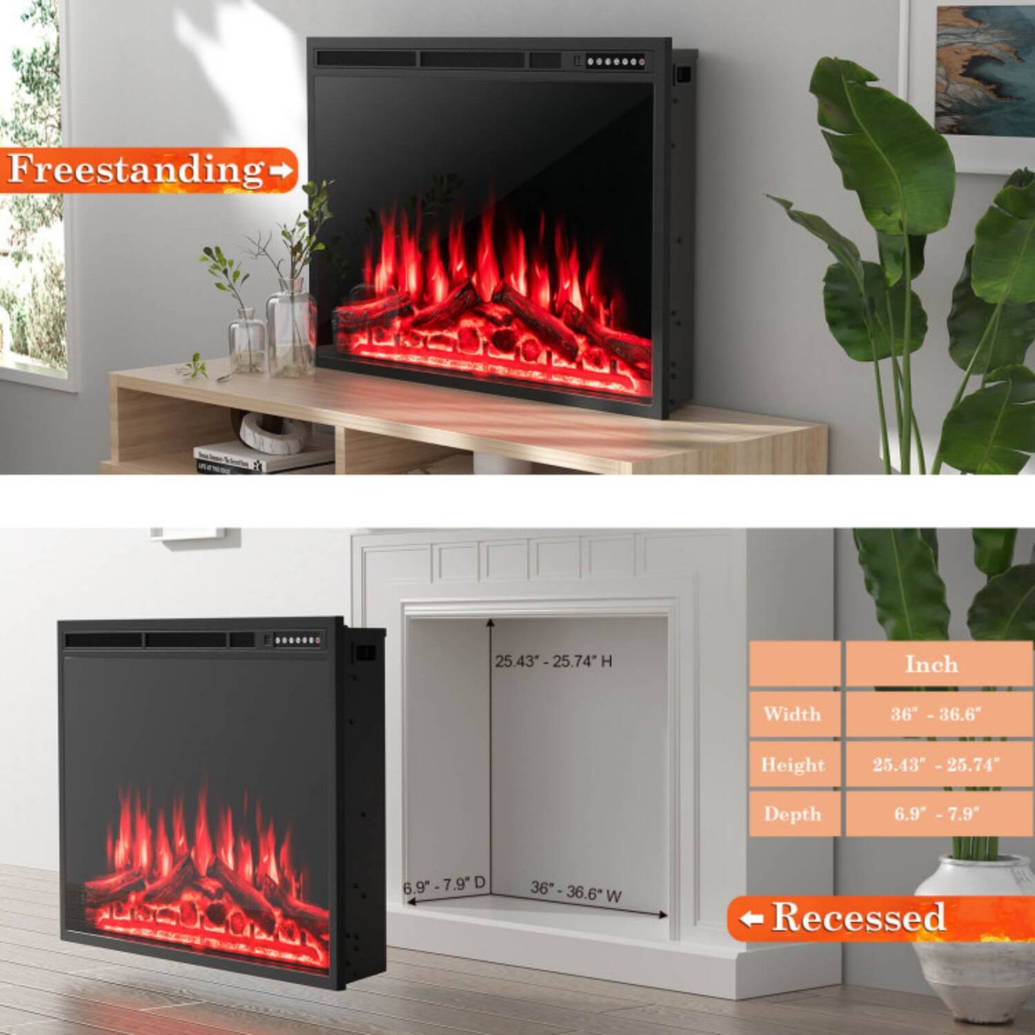 Freestanding  
- Height: 25.43" - 25.74"  
- Width: 36" - 36.6"  
- Depth: 6.9" - 7.9"  

Recessed  
- Height: 25.43" - 25.74"  
- Width: 36" - 36.6"  
- Depth: 6.9" - 7.9"