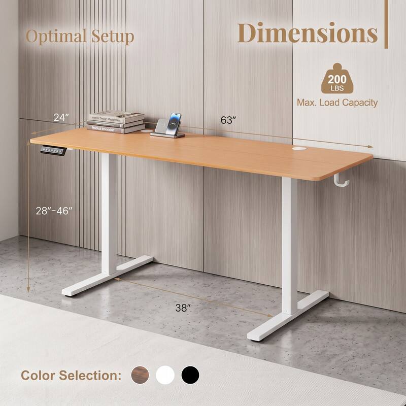 Optimal Setup Dimensions

24" Height

63" Length

28"-46" Adjustable Height

38" Width

Max. Load Capacity: 200 LBS

Color Selection: