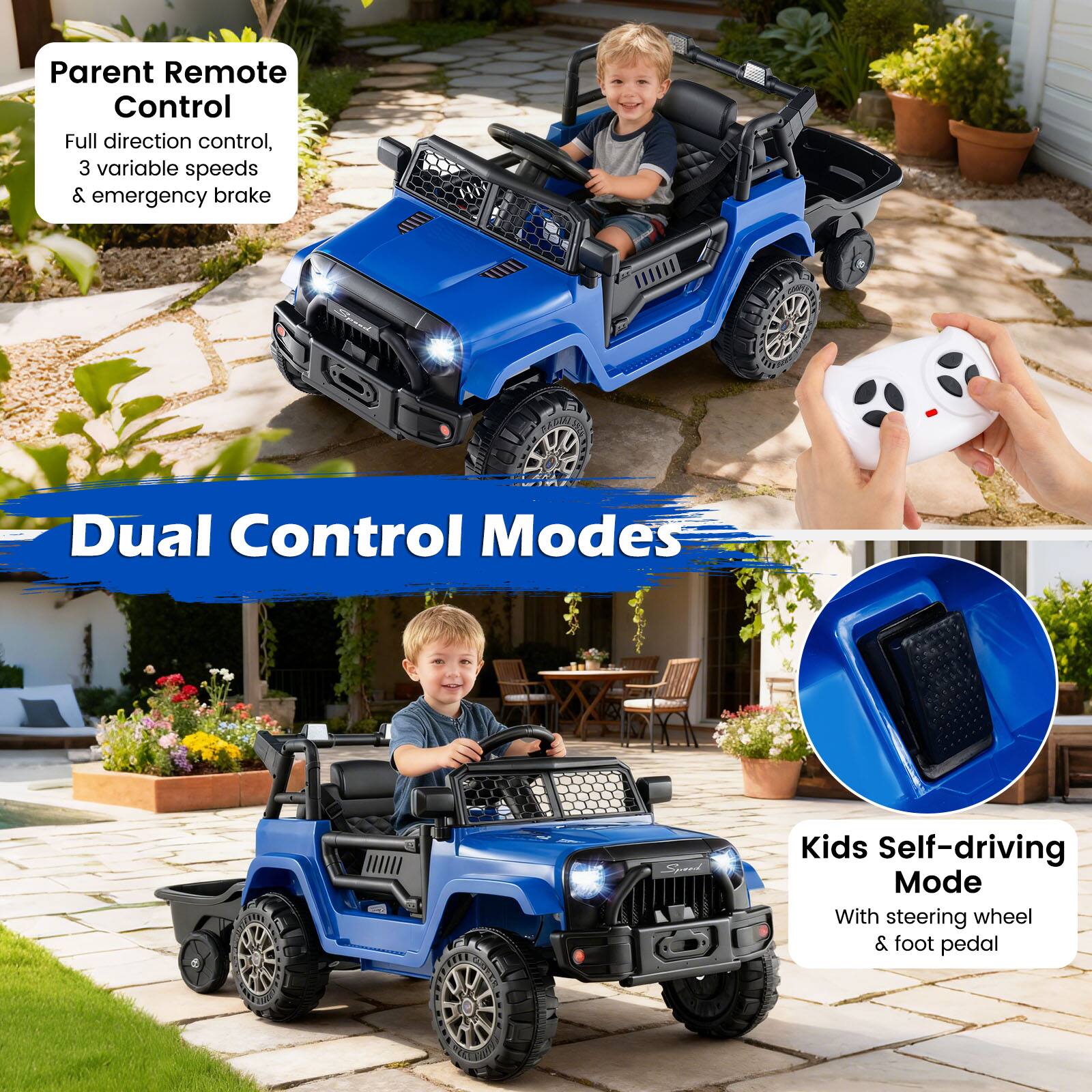Parent Remote Control  
Full direction control, 3 variable speeds & emergency brake  

Dual Control Modes  

Kids Self-driving Mode  
With steering wheel & foot pedal
