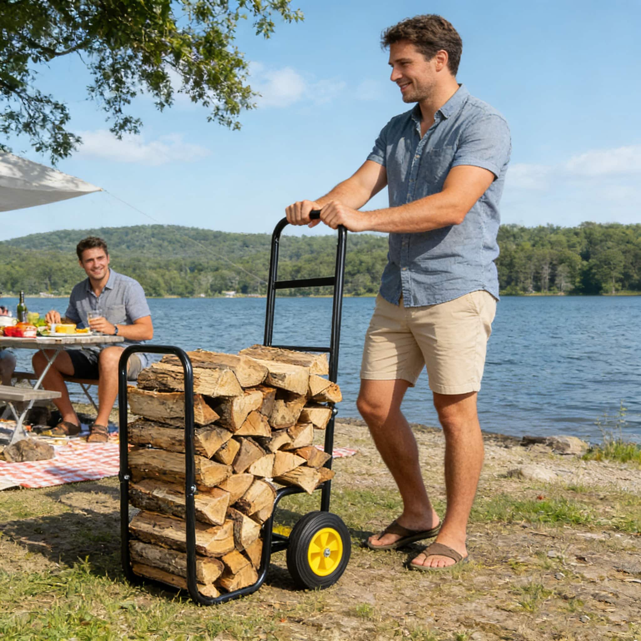 LOVMOR - Firewood Log Cart Carrier with Wheels for Indoor and Outdoor Log Transport - Black