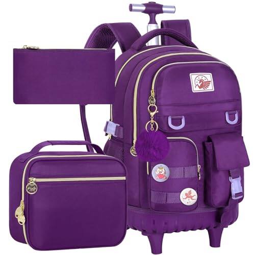 Live At Space - Rolling Backpack For Women 21 Inch Water Resistant Roller Wheels Backpacks Wheeled Bookbag With Lunch Bag Teen - Dark Purple