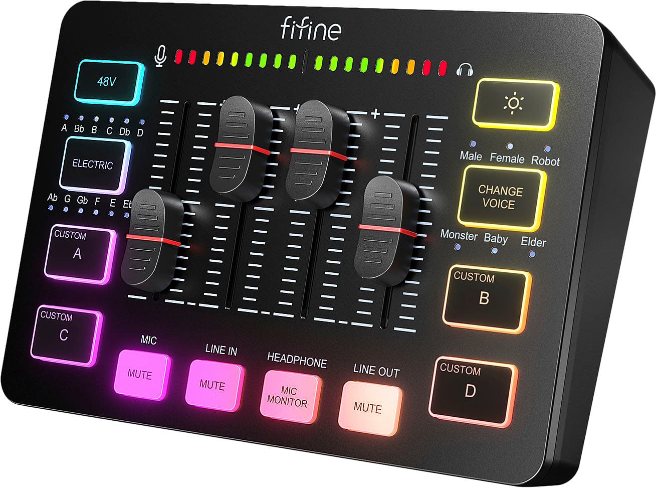 FIFINE - USB Audio Mixer - 4 Channel Audio Interface with RGB for Gaming, Streaming, Content Creation - Black - Front_Zoom