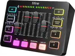 FIFINE - USB Audio Mixer - 4 Channel Audio Interface with RGB for Gaming, Streaming, Content Creation - Black