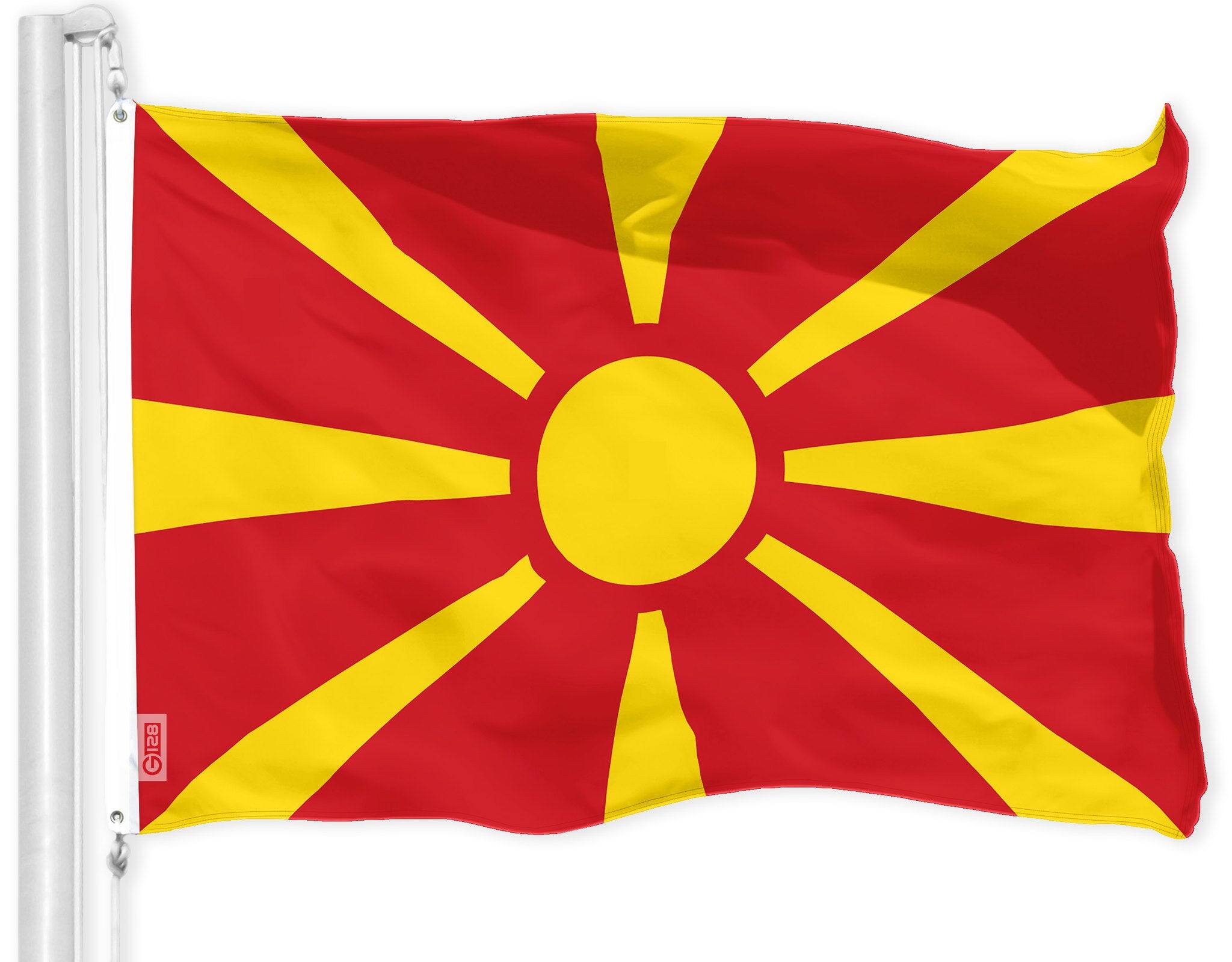 Front. G128 - Macedonia Flag - 3 ft x 5 ft 150D Polyester, Brass Grommets, Indoor/Outdoor. - Assorted Colors.